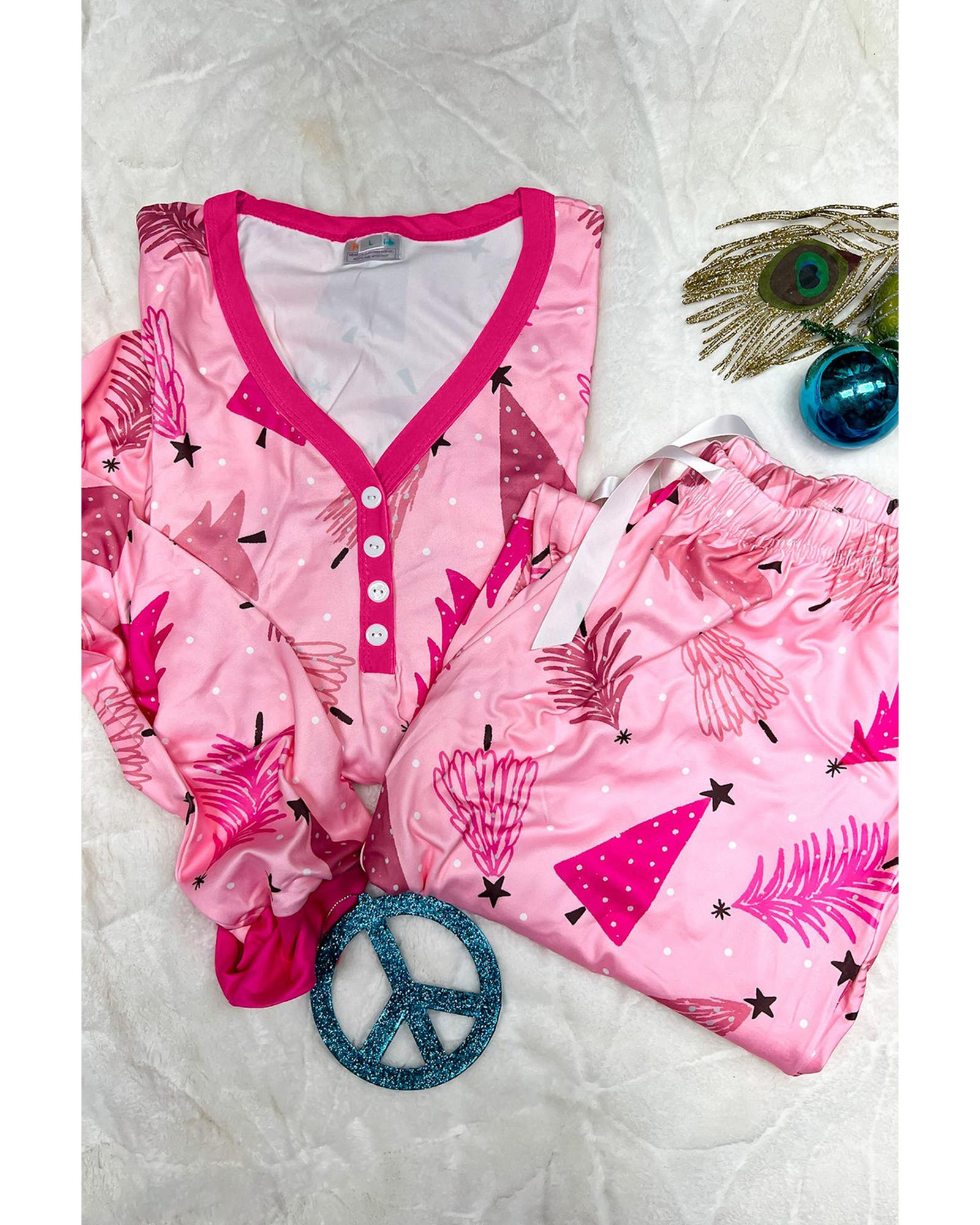 Pink Christmas Tree Print V Neck Buttoned Pullover and Drawstring Pants Lounge Set - S 5