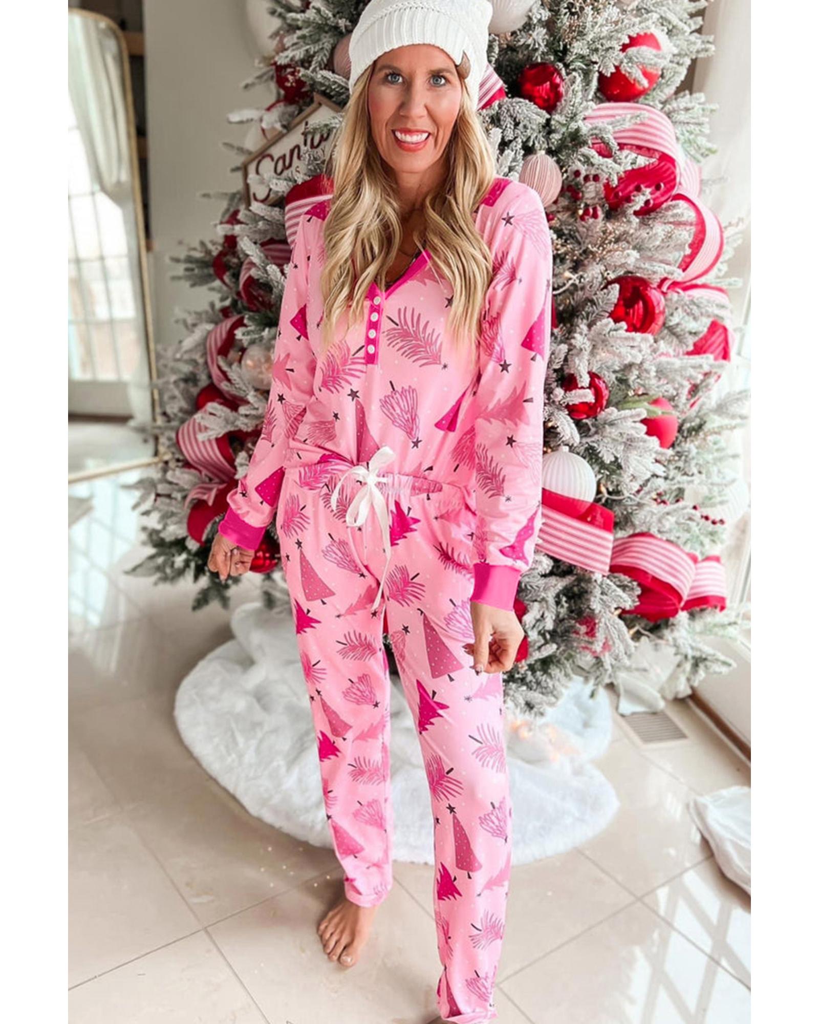 Pink Christmas Tree Print V Neck Buttoned Pullover and Drawstring Pants Lounge Set - S 7