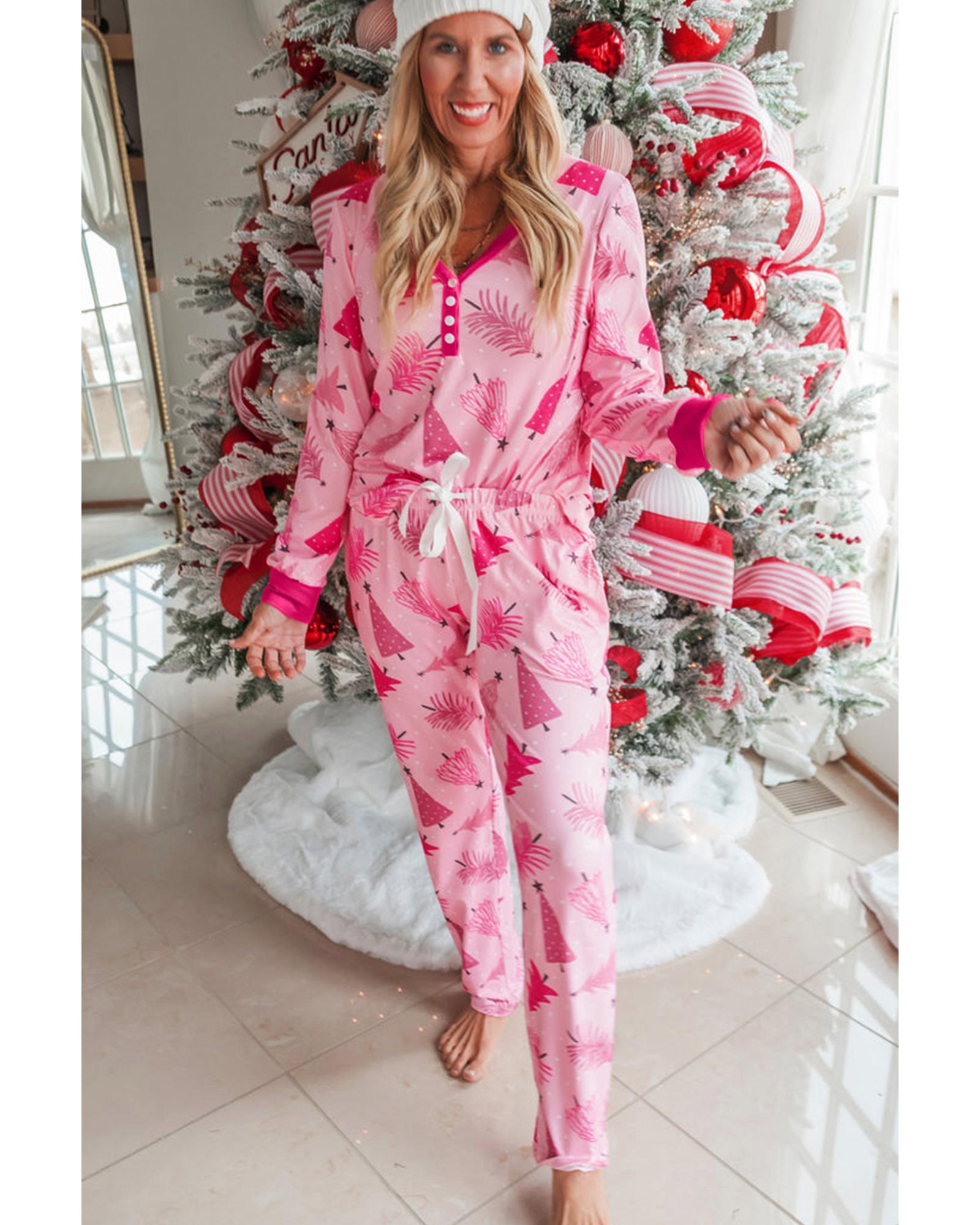 Pink Christmas Tree Print V Neck Buttoned Pullover and Drawstring Pants Lounge Set - XL 3