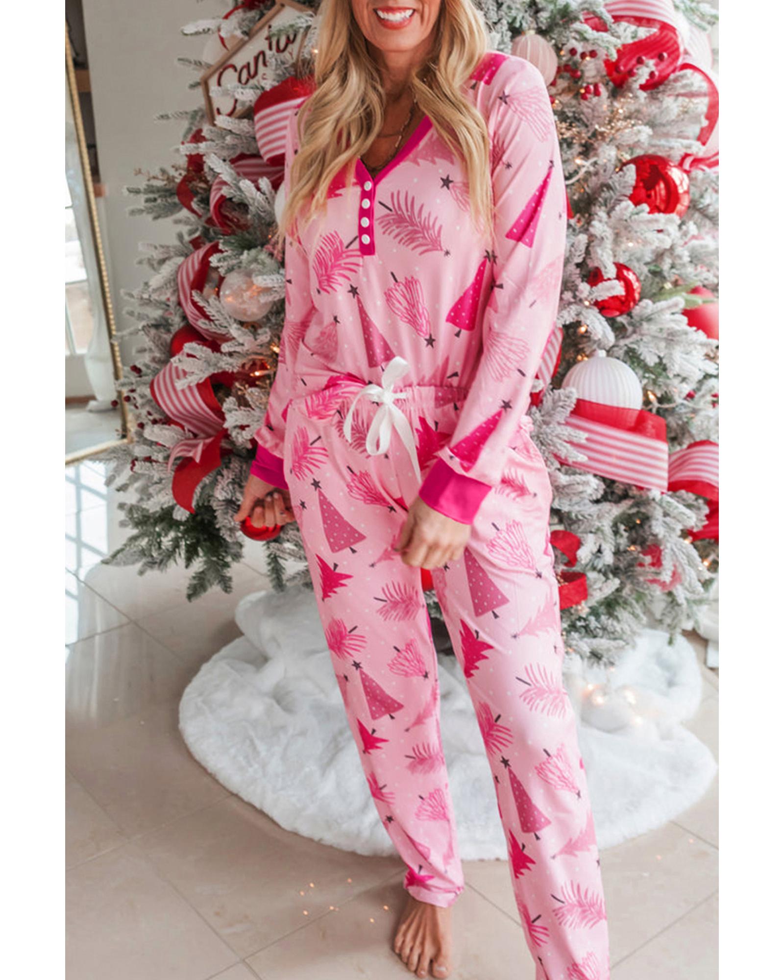 Pink Christmas Tree Print V Neck Buttoned Pullover and Drawstring Pants Lounge Set - XL 4