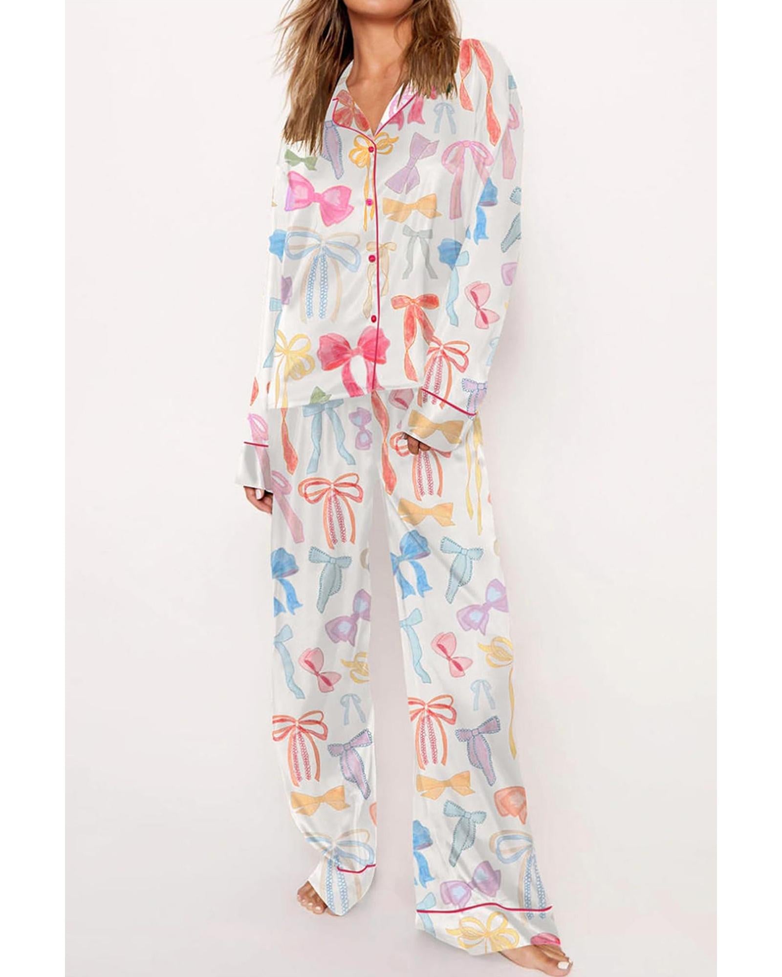 White Bow Knot Print Lapel Collar Wide Leg Satin Pajama Set - S 3