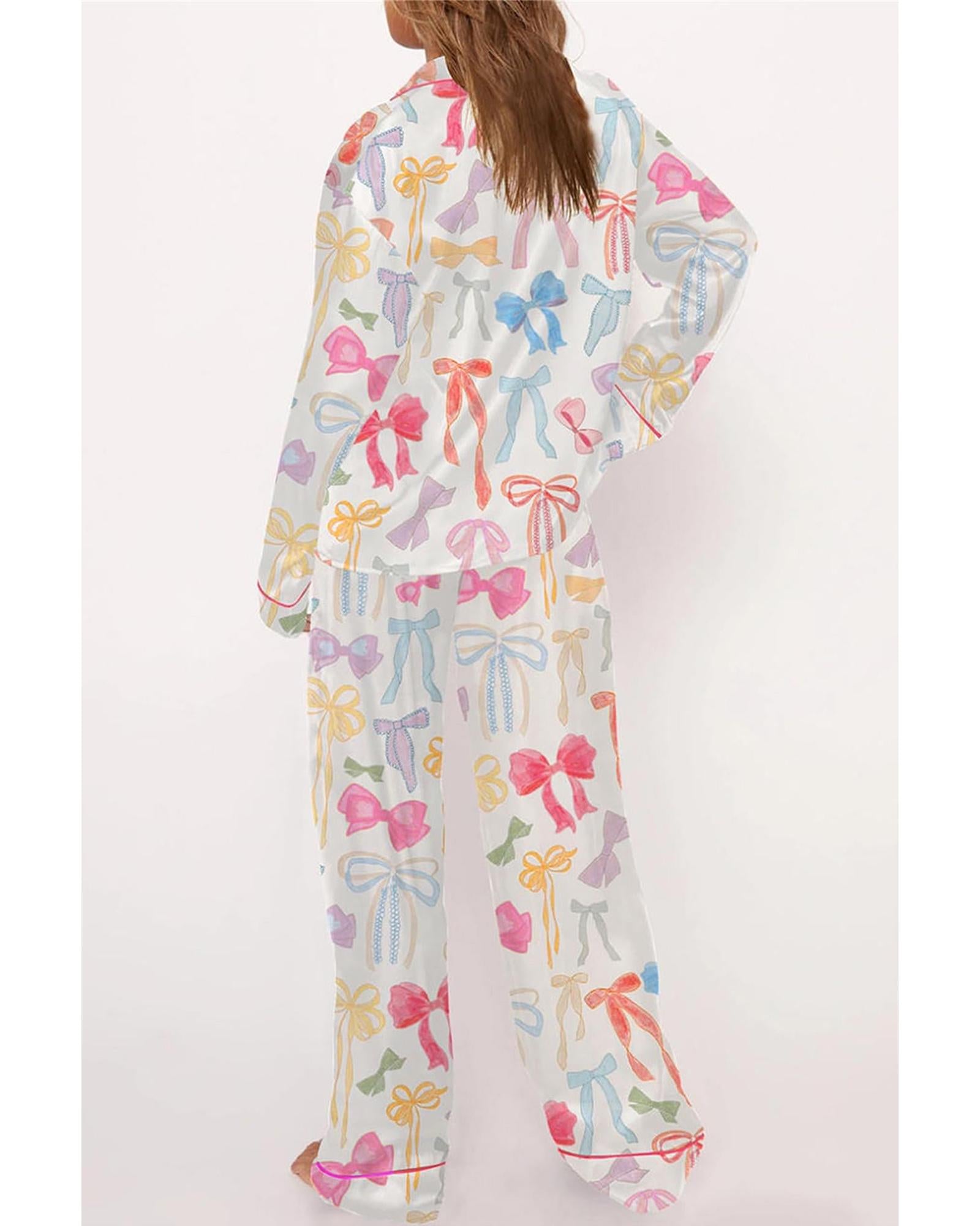 White Bow Knot Print Lapel Collar Wide Leg Satin Pajama Set - S 4