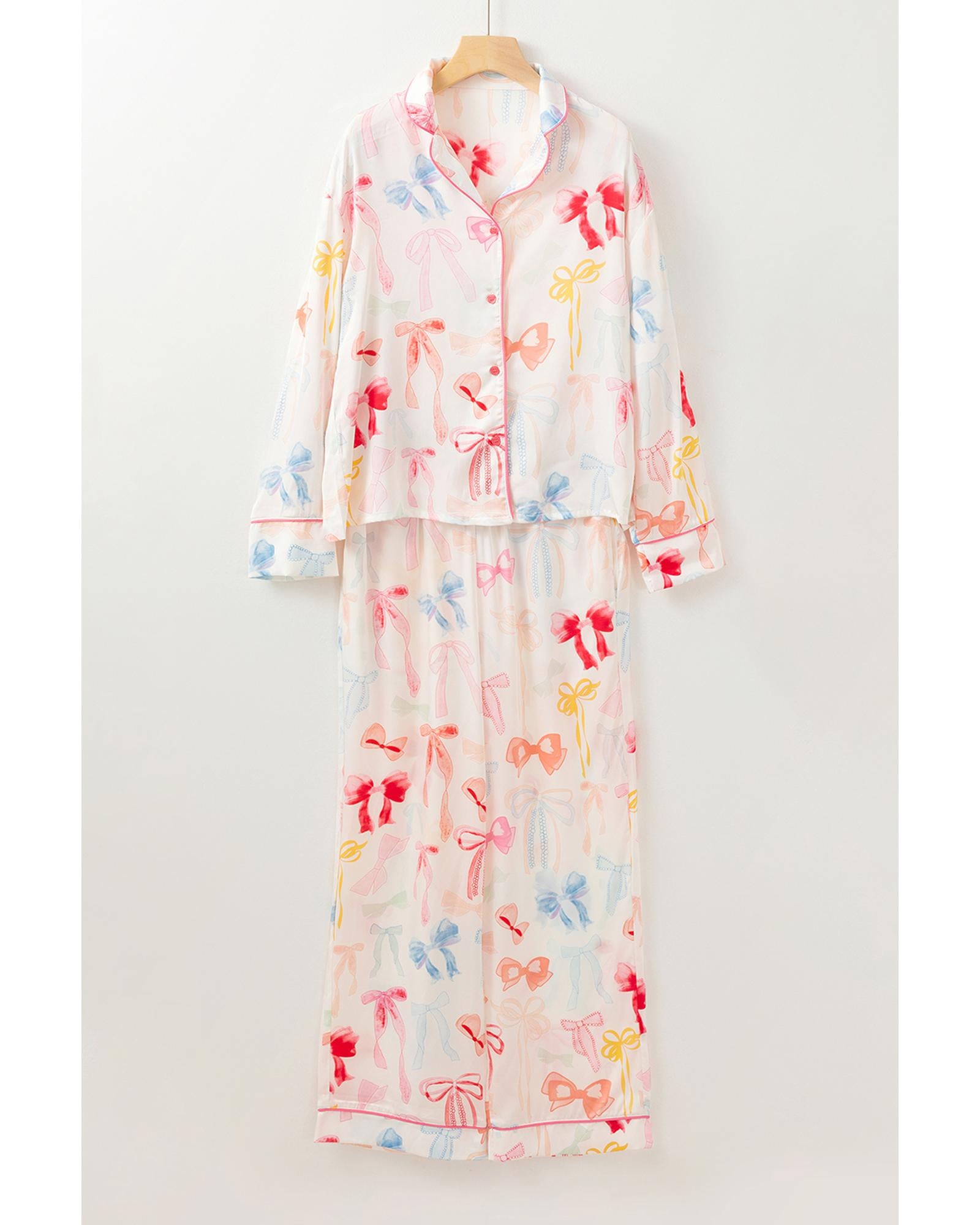 White Bow Knot Print Lapel Collar Wide Leg Satin Pajama Set - S 6