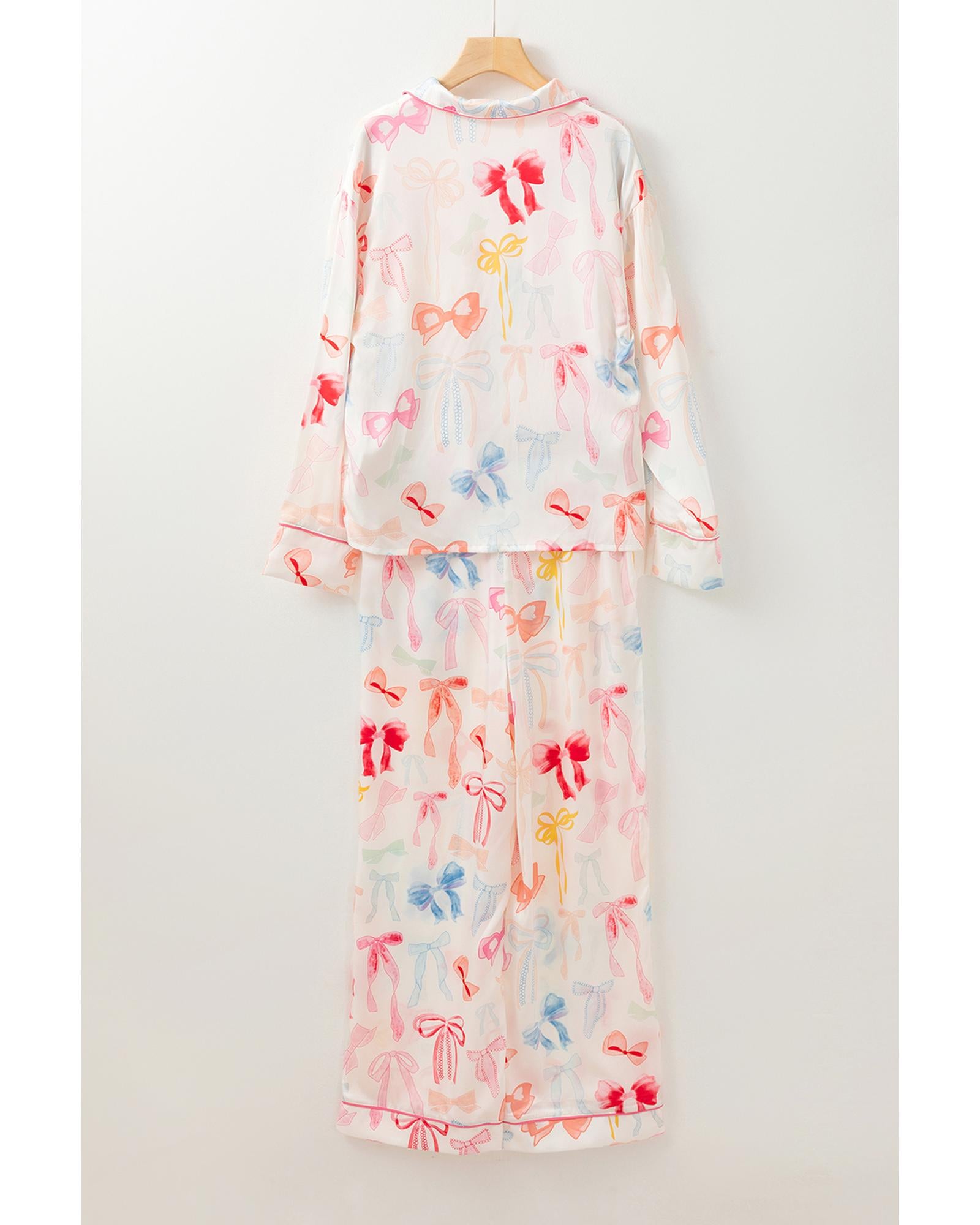 White Bow Knot Print Lapel Collar Wide Leg Satin Pajama Set - S 8