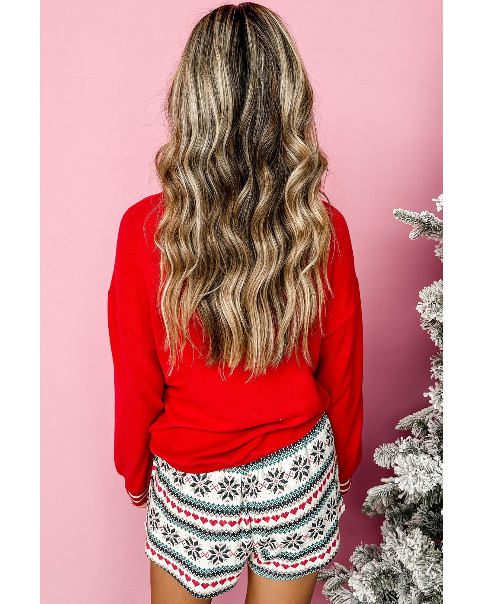 Fiery Red SLEIGH Snowflake Print Long Sleeve Wide Leg Lounge Set - XL 3