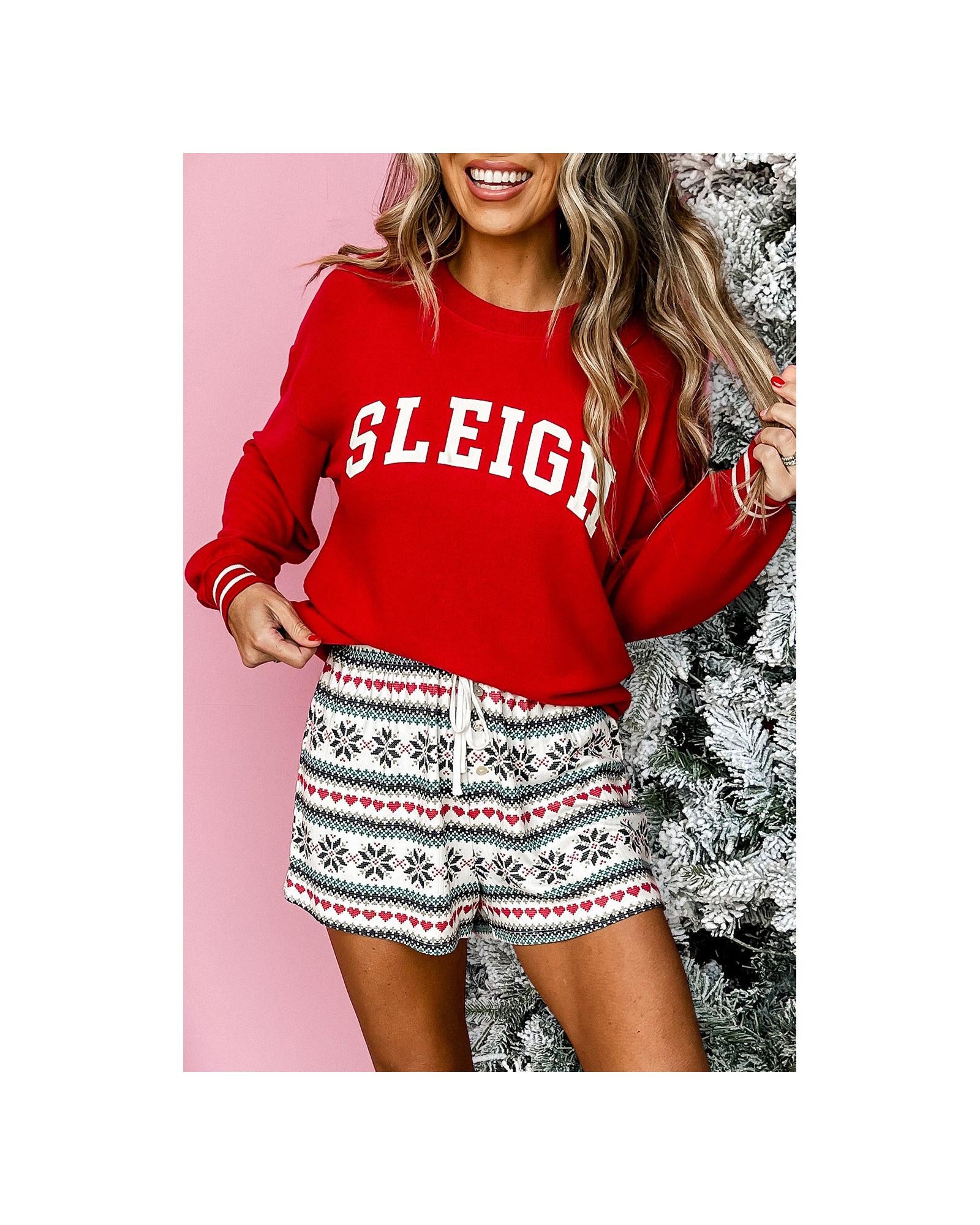 Fiery Red SLEIGH Snowflake Print Long Sleeve Wide Leg Lounge Set - XL 8