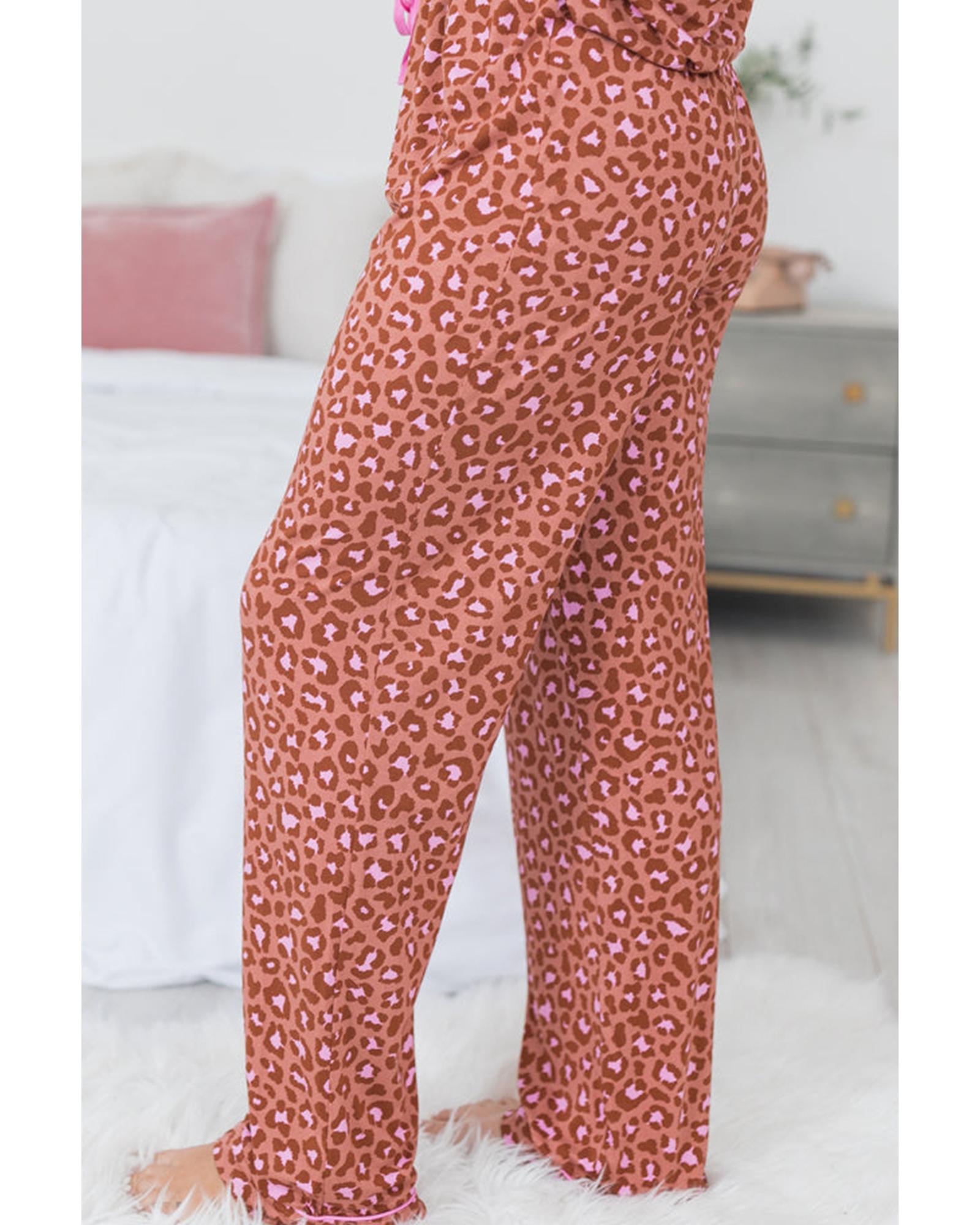 Brown Leopard Print Short Sleeve Shirt and Pants Pajamas Set - L 5