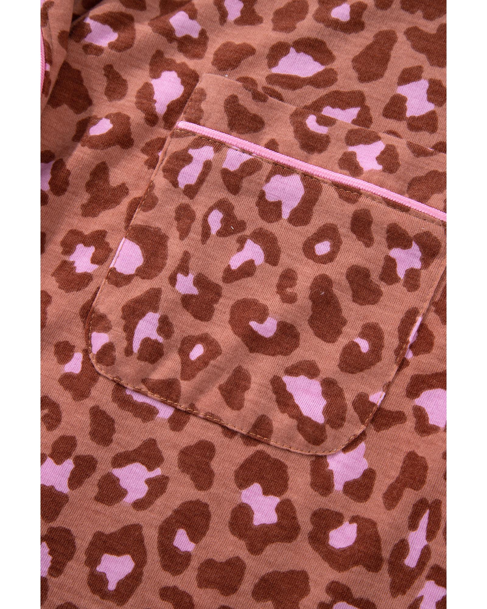 Brown Leopard Print Short Sleeve Shirt and Pants Pajamas Set - L 7