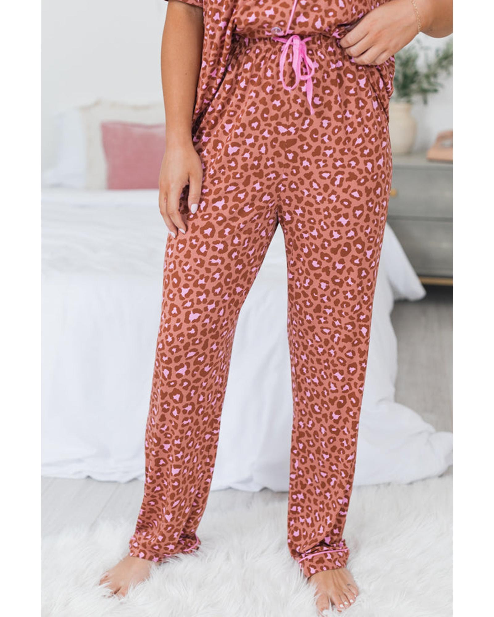 Brown Leopard Print Short Sleeve Shirt and Pants Pajamas Set - S 3