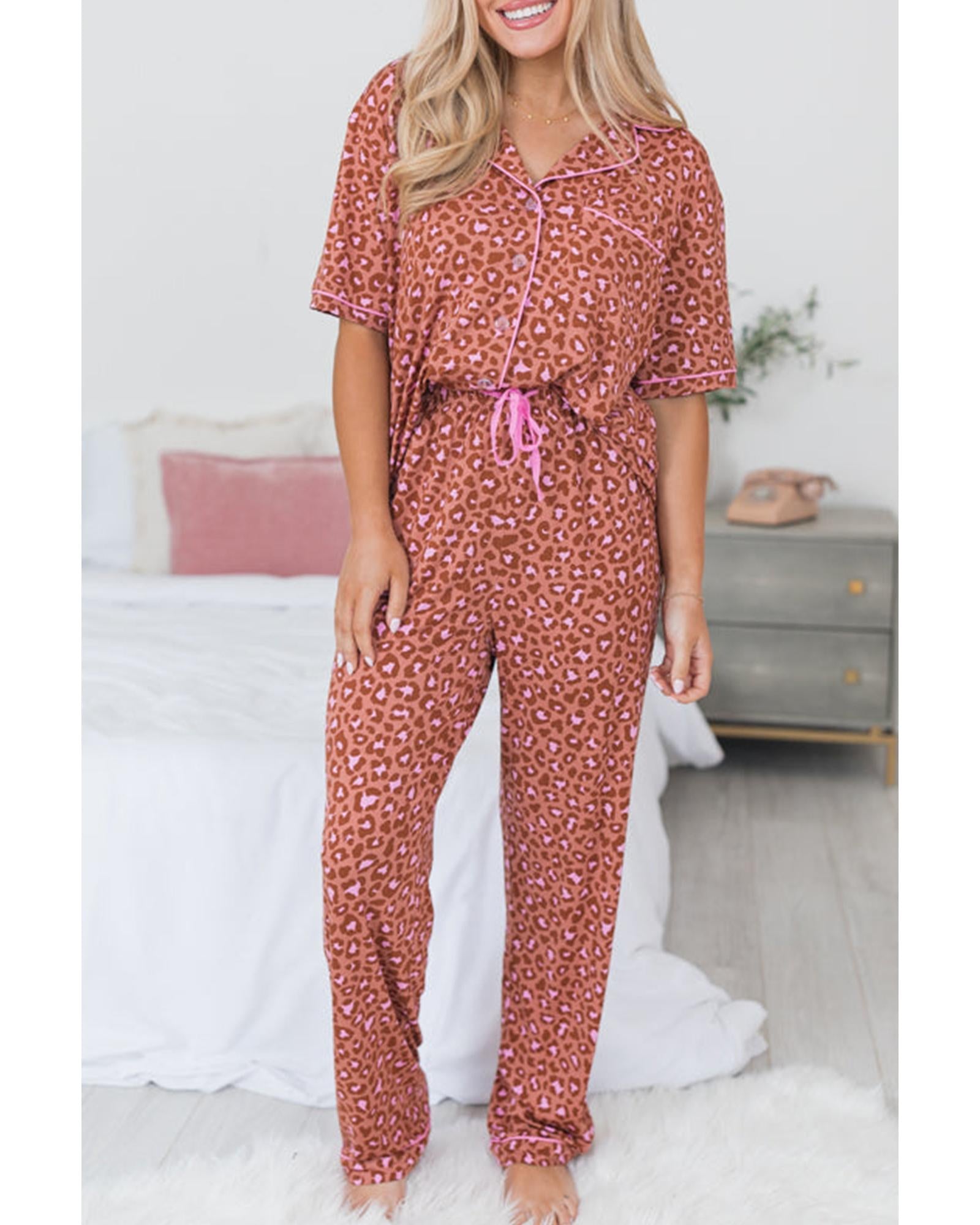 Brown Leopard Print Short Sleeve Shirt and Pants Pajamas Set - XL
