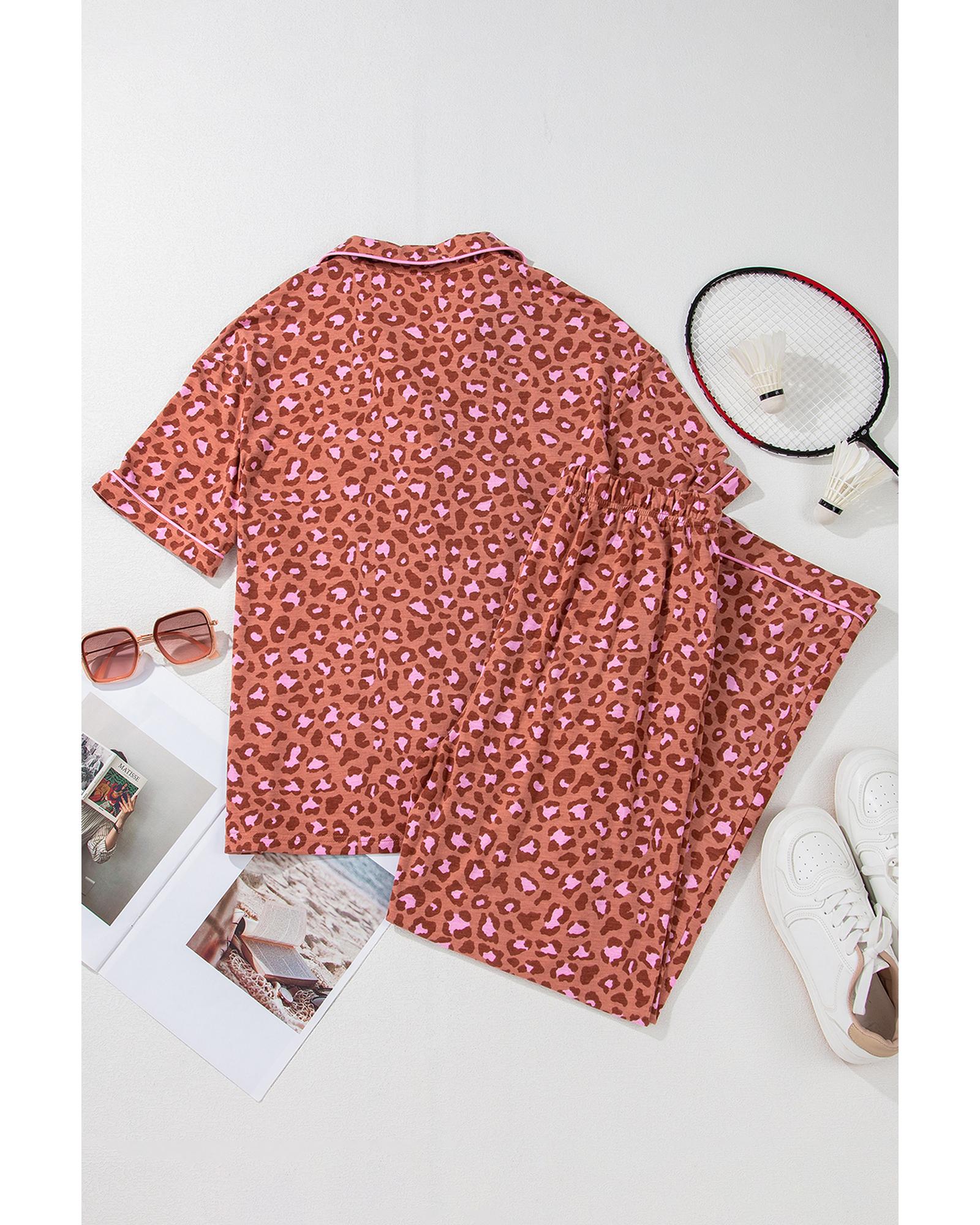 Brown Leopard Print Short Sleeve Shirt and Pants Pajamas Set - XL 5