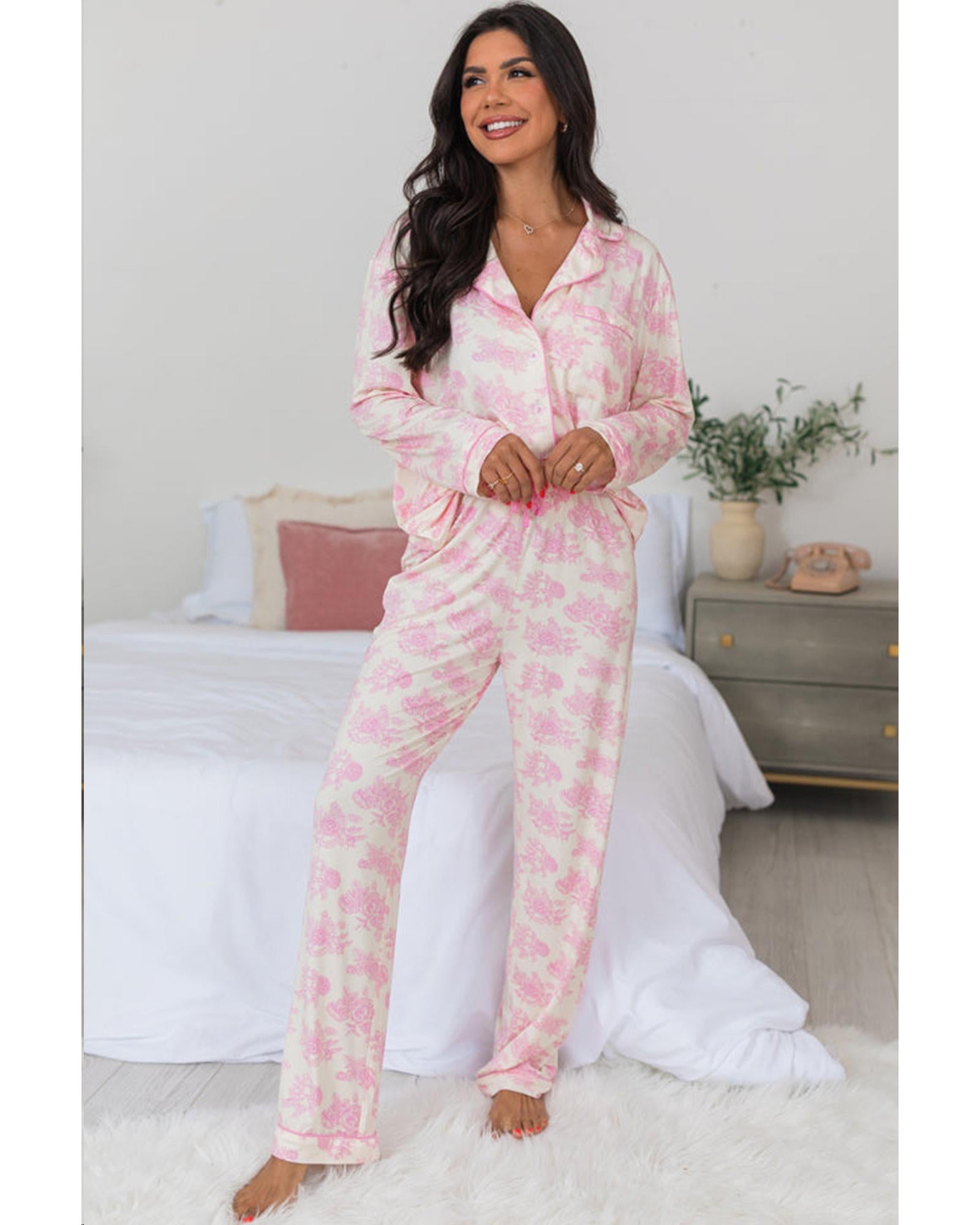 Pink Floral Long Sleeve and Pants Pajamas Set - 2XL 6