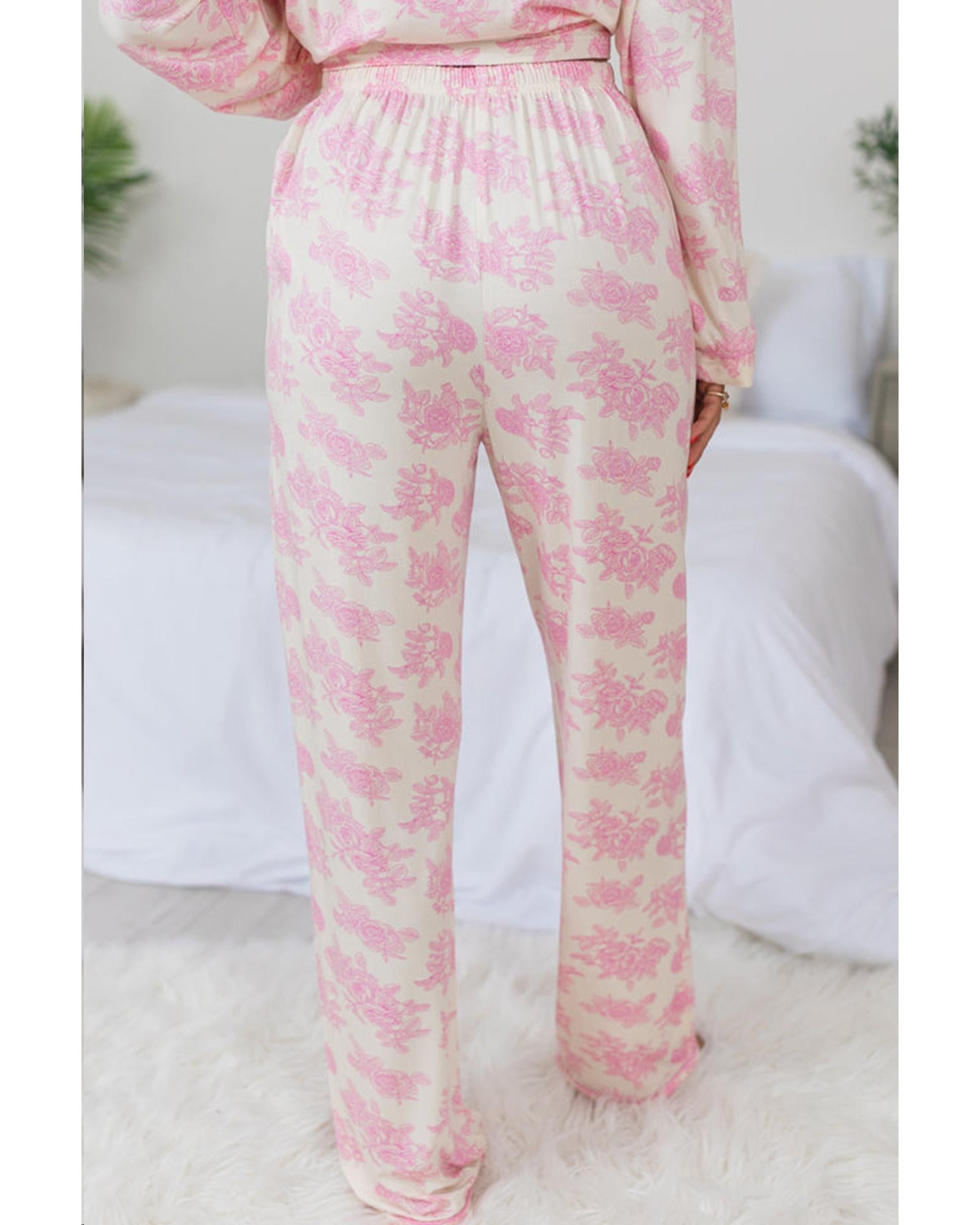 Pink Floral Long Sleeve and Pants Pajamas Set - 2XL 7