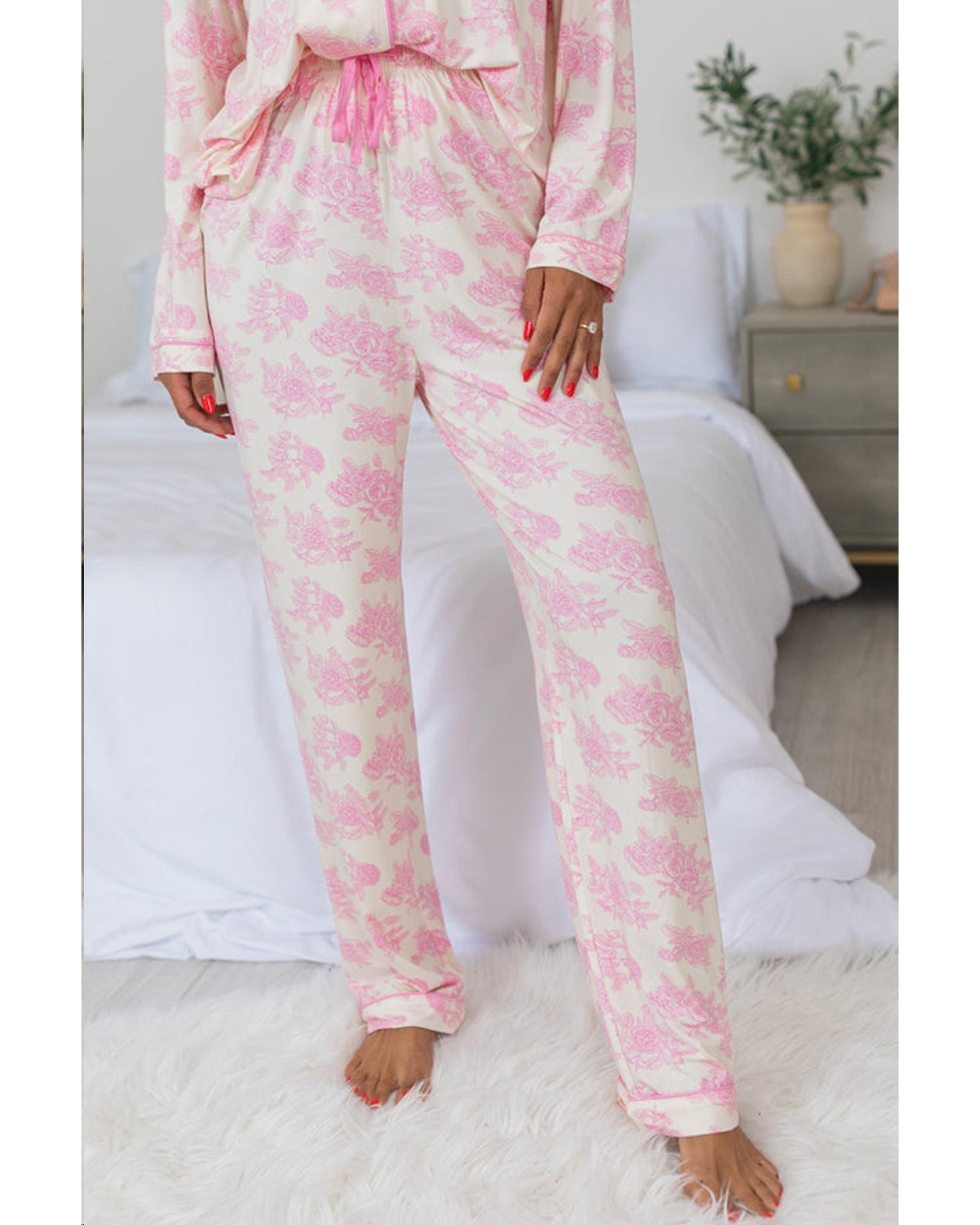 Pink Floral Long Sleeve and Pants Pajamas Set - XL 3