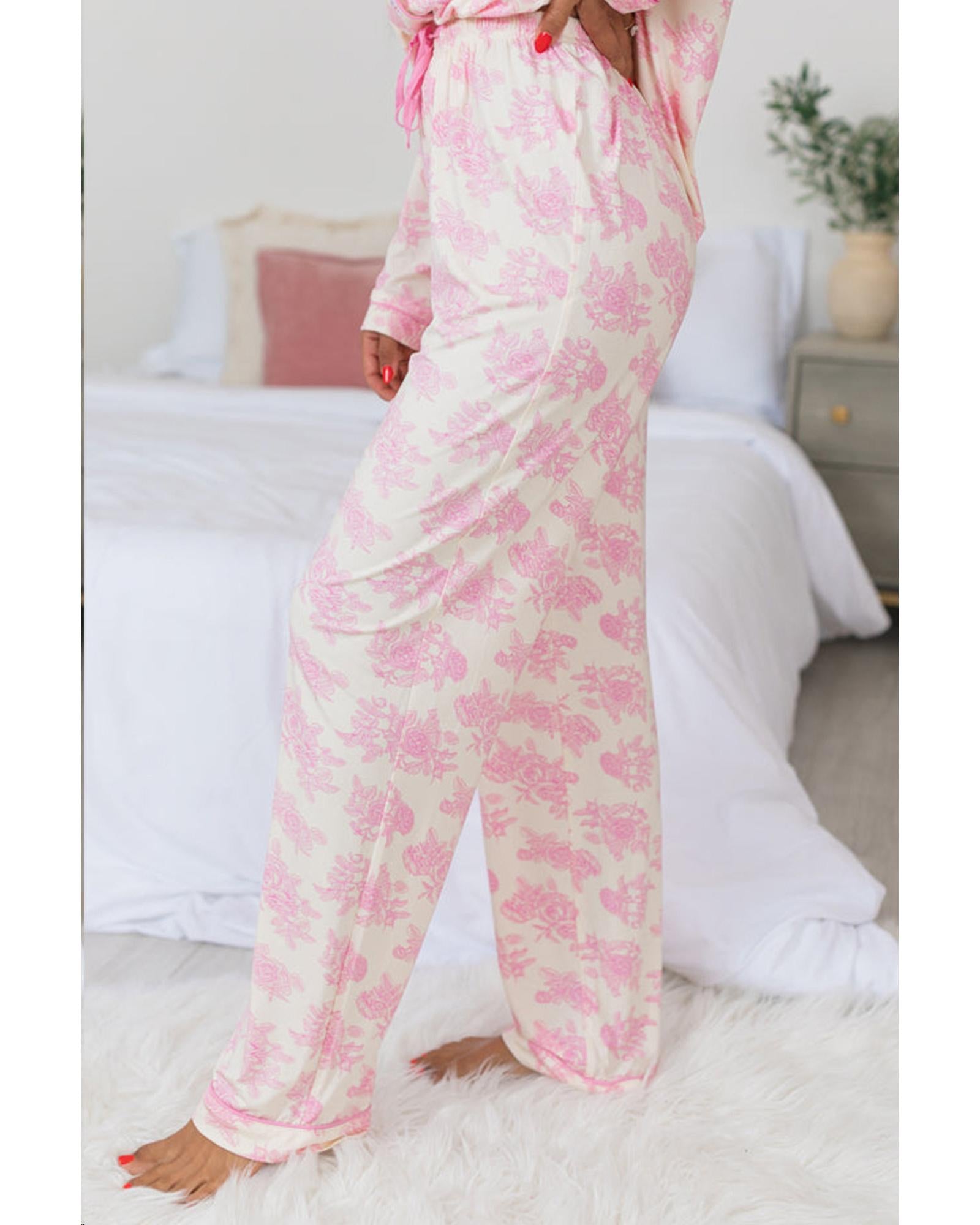 Pink Floral Long Sleeve and Pants Pajamas Set - XL 4