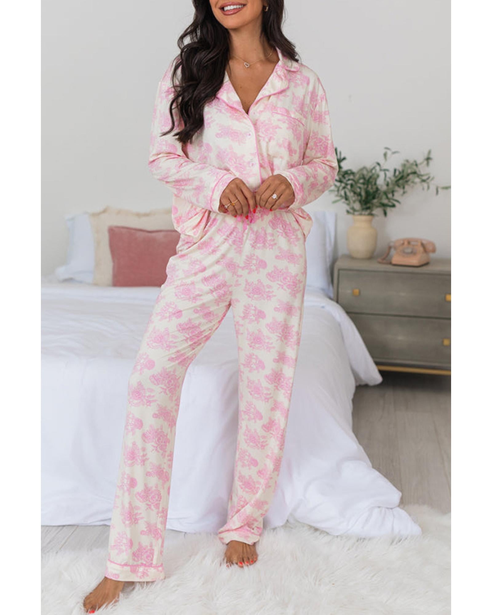 Pink Floral Long Sleeve and Pants Pajamas Set - XL 5