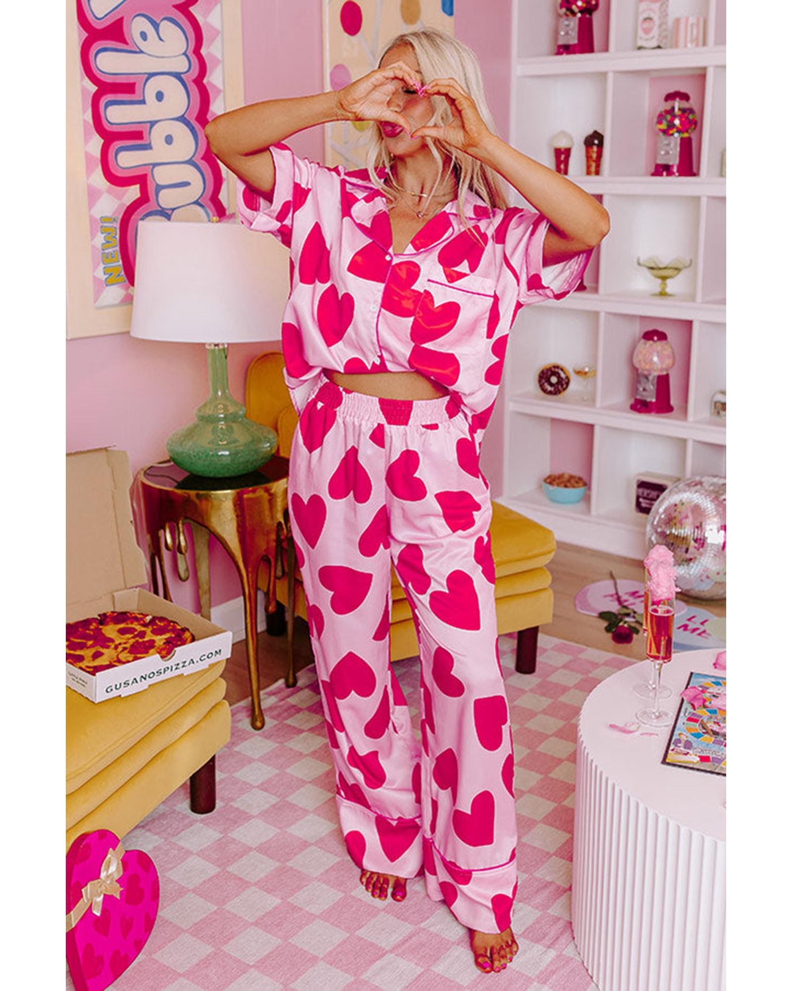 Pink Classic Heart Valentines Short Sleeve Pants Pajamas Set - M 6
