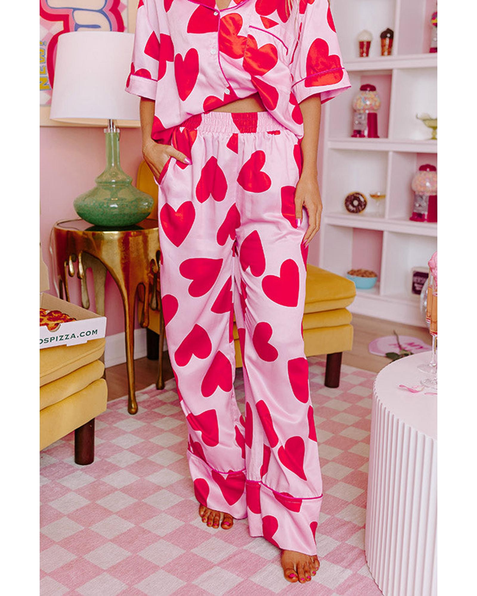 Pink Classic Heart Valentines Short Sleeve Pants Pajamas Set - M 8