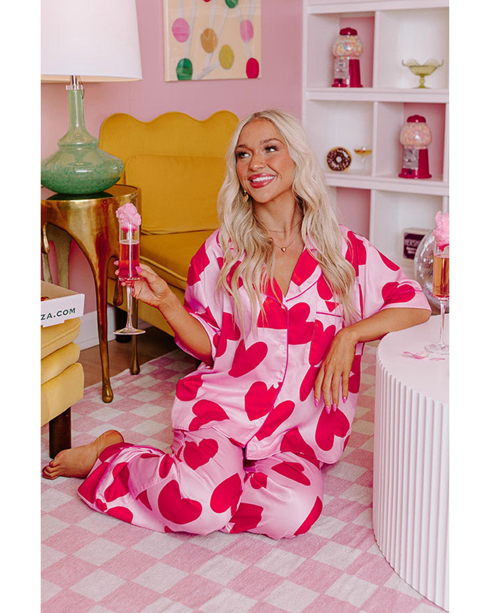 Pink Classic Heart Valentines Short Sleeve Pants Pajamas Set - S 7