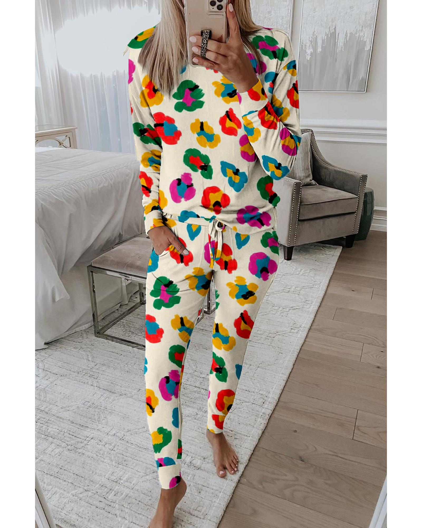Apricot Leopard Print Long Sleeve Top and Skinny Pants Lounge Set - XL 6