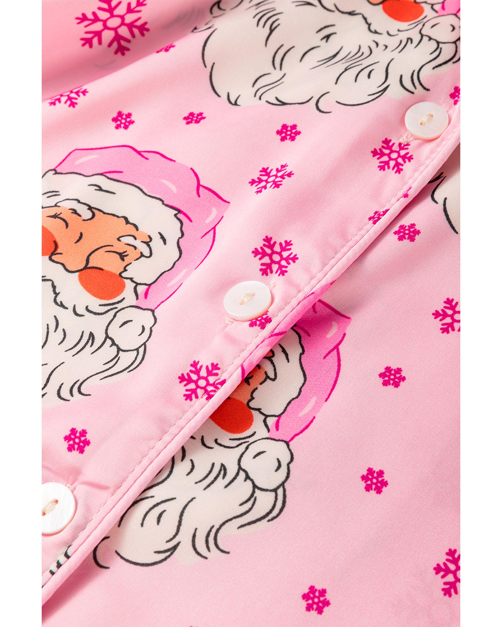 Pink Santa Claus Snowflake Long Sleeve Shirt Christmas Pajama Set - M 4