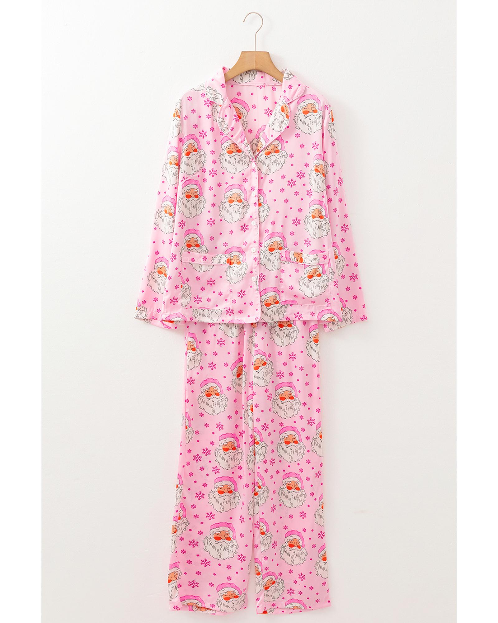 Pink Santa Claus Snowflake Long Sleeve Shirt Christmas Pajama Set - M 7