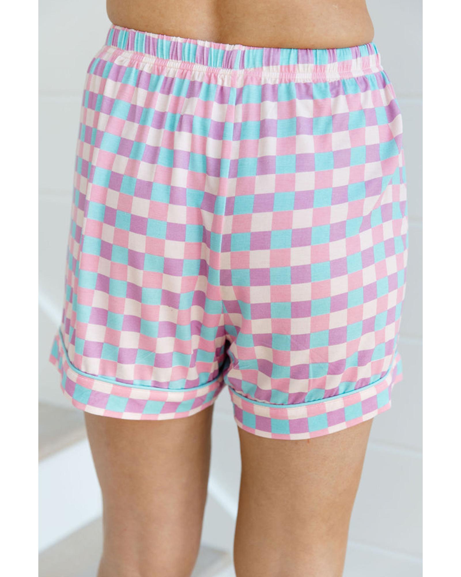 Purple Checkered Pattern Short Sleeve Pajamas Set - M 4