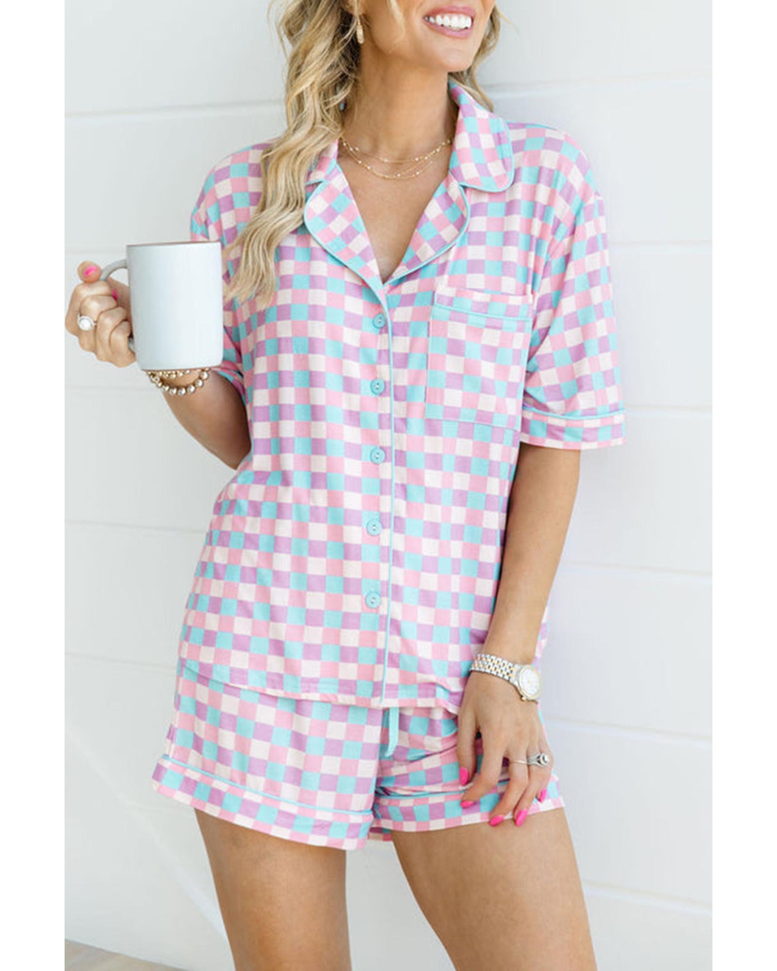 Purple Checkered Pattern Short Sleeve Pajamas Set - M 5