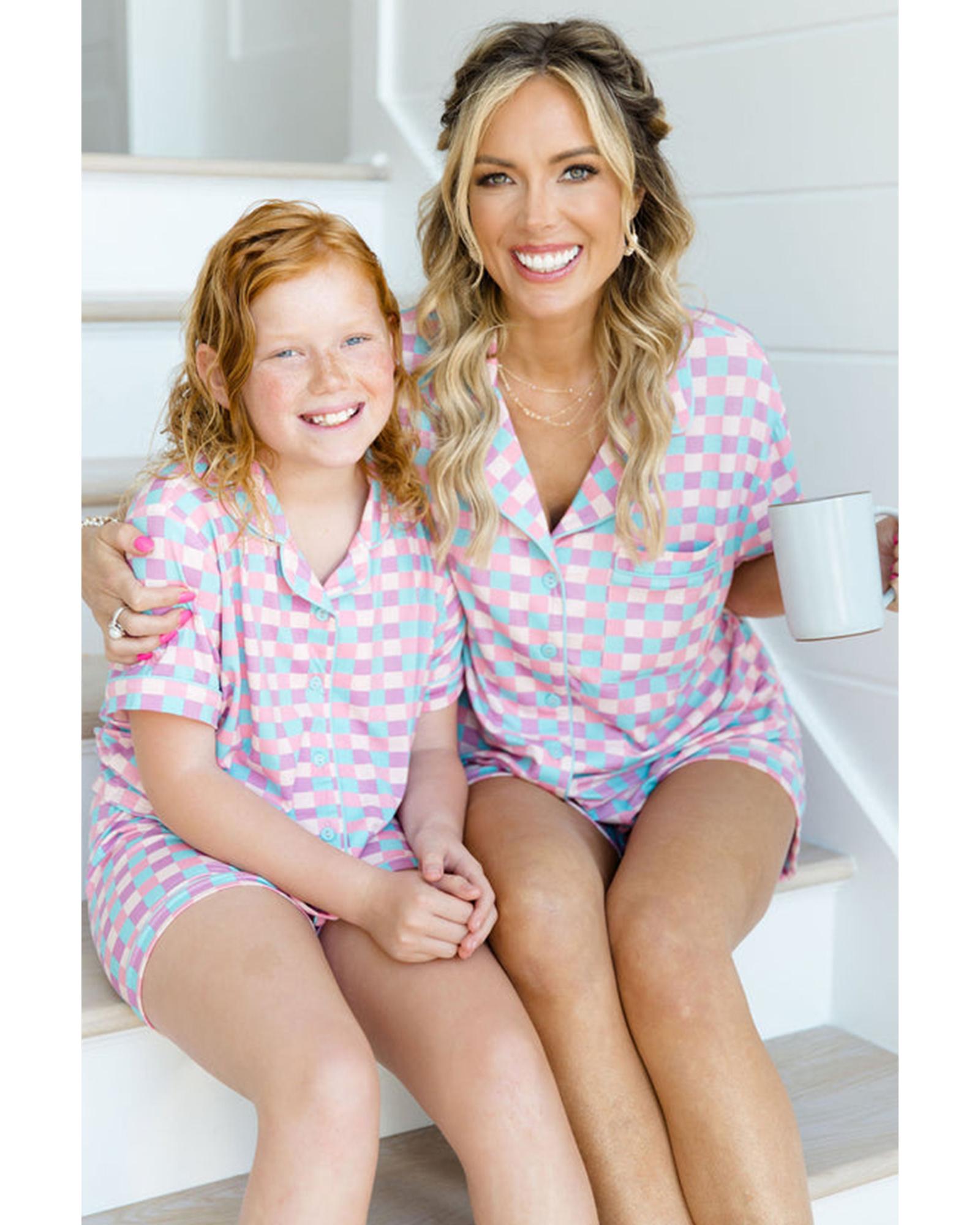 Purple Checkered Pattern Short Sleeve Pajamas Set - M 7