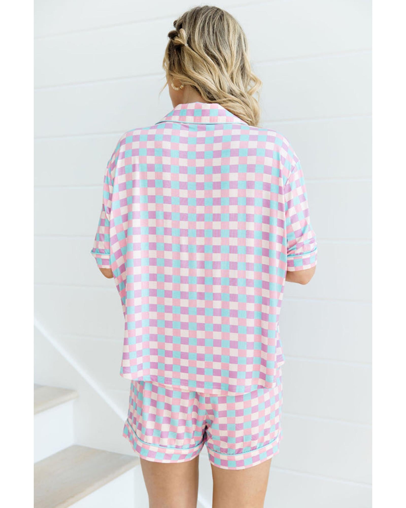 Purple Checkered Pattern Short Sleeve Pajamas Set - S 3
