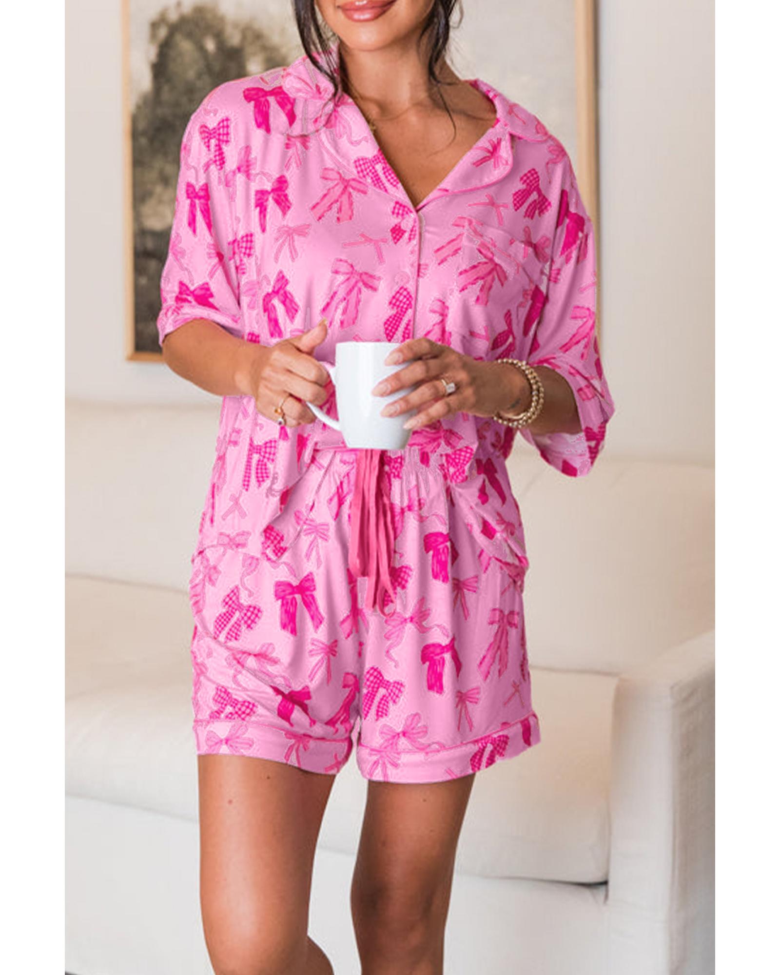 Pink Bow Print Half Sleeve Shirt and Shorts Pajamas Set - L 5