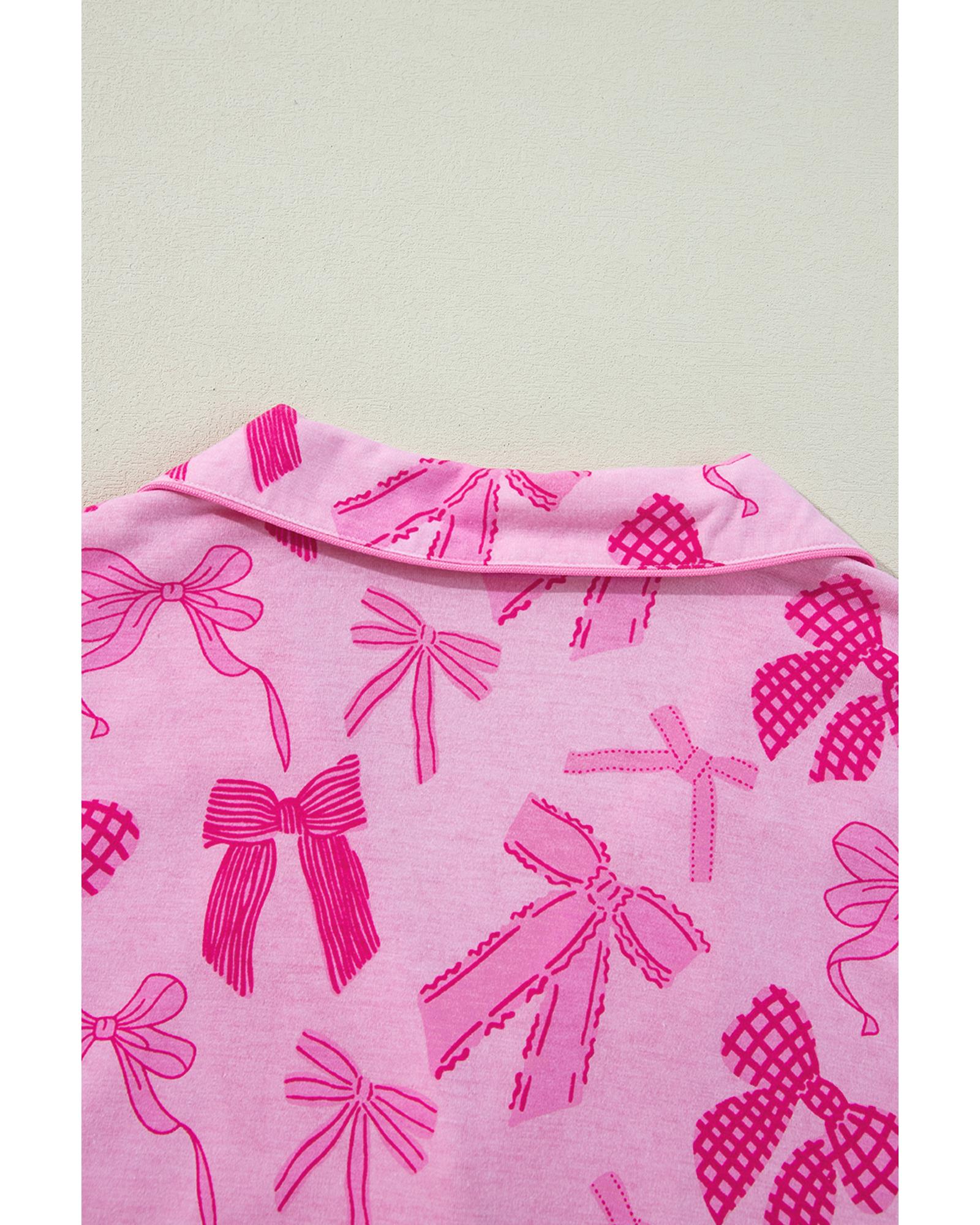Pink Bow Print Half Sleeve Shirt and Shorts Pajamas Set - L 6