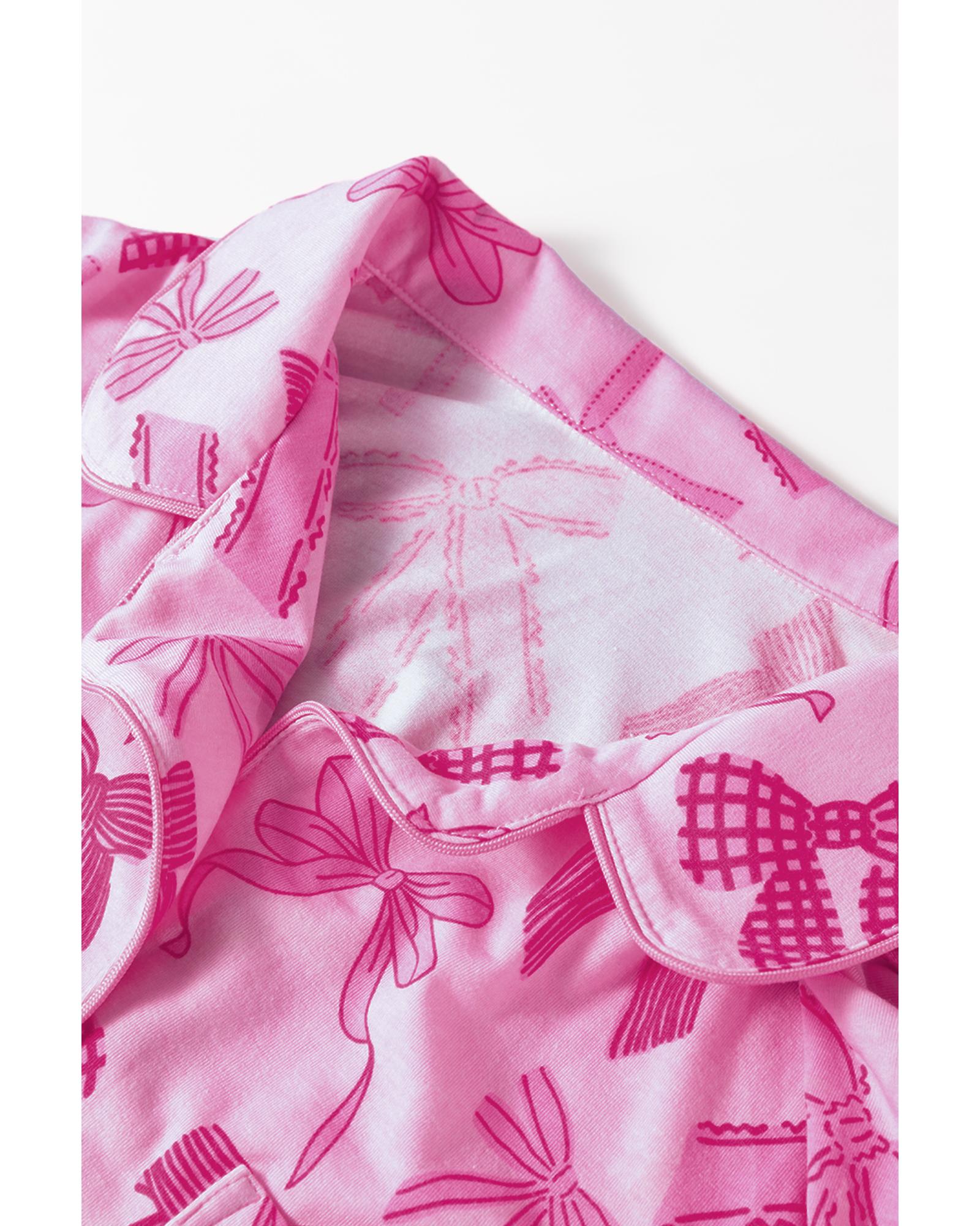 Pink Bow Print Half Sleeve Shirt and Shorts Pajamas Set - M 4
