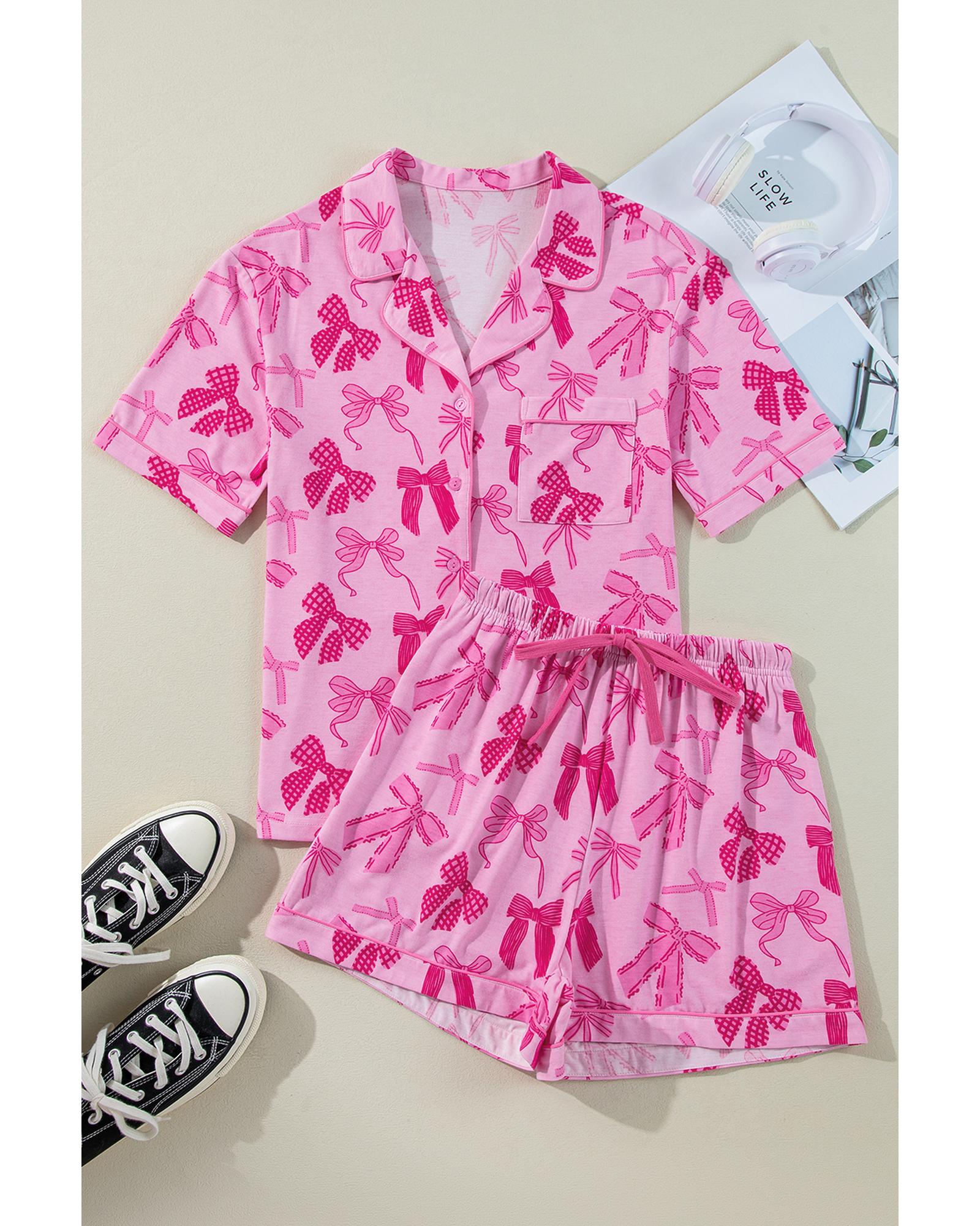 Pink Bow Print Half Sleeve Shirt and Shorts Pajamas Set - M 7