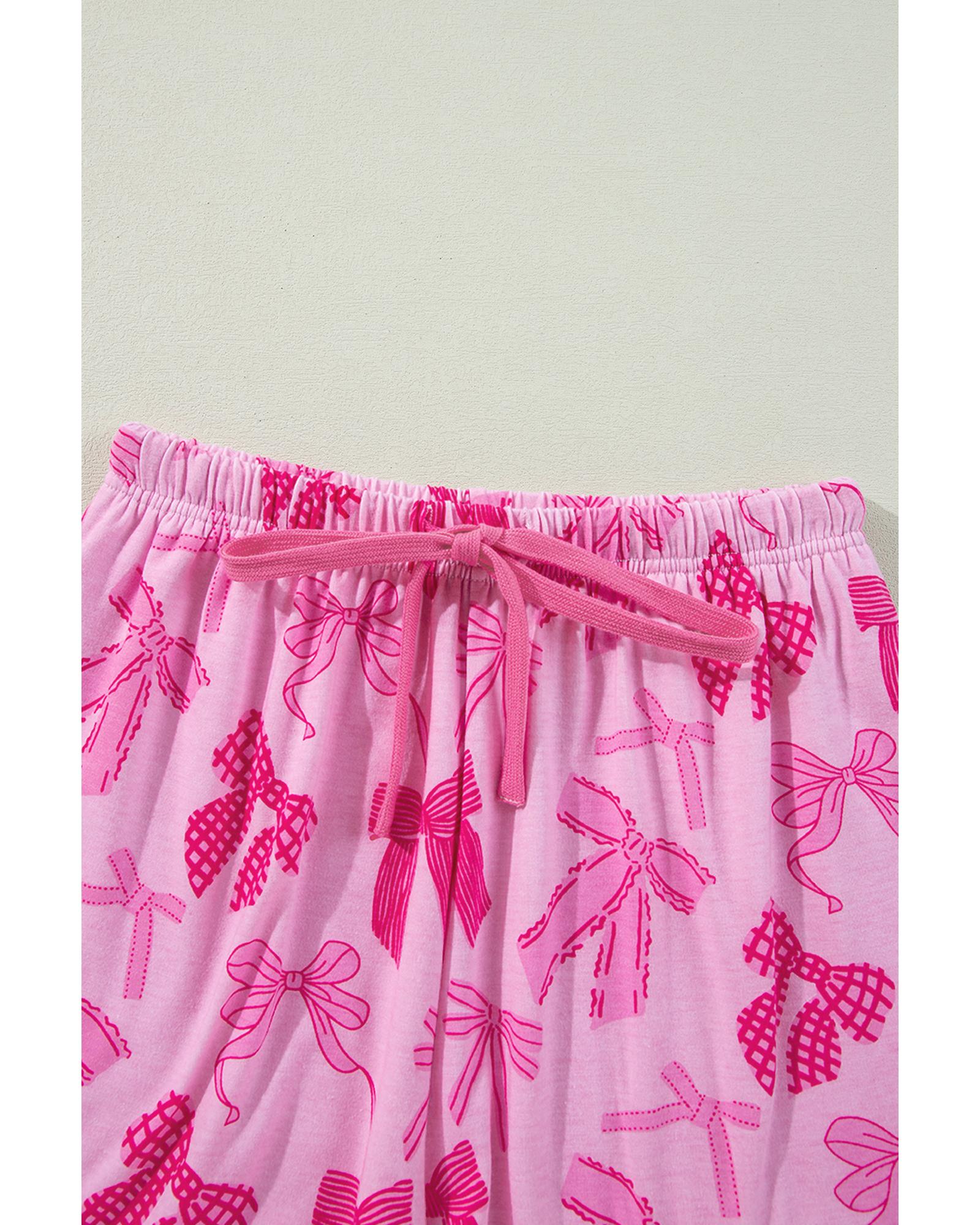 Pink Bow Print Half Sleeve Shirt and Shorts Pajamas Set - XL 8