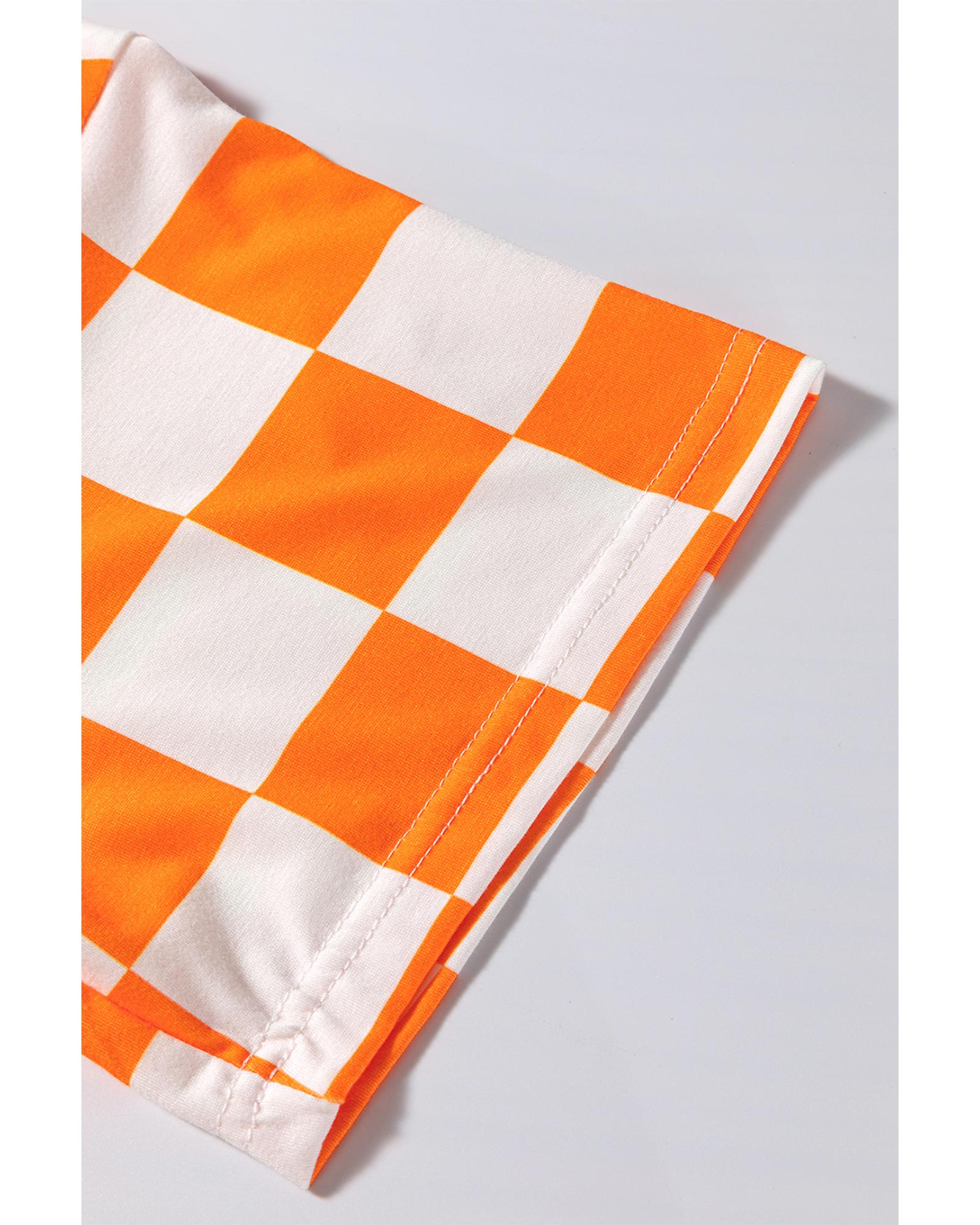 Orange Checkerboard Print V Neck Loose Tee and Shorts Lounge Set - L 6