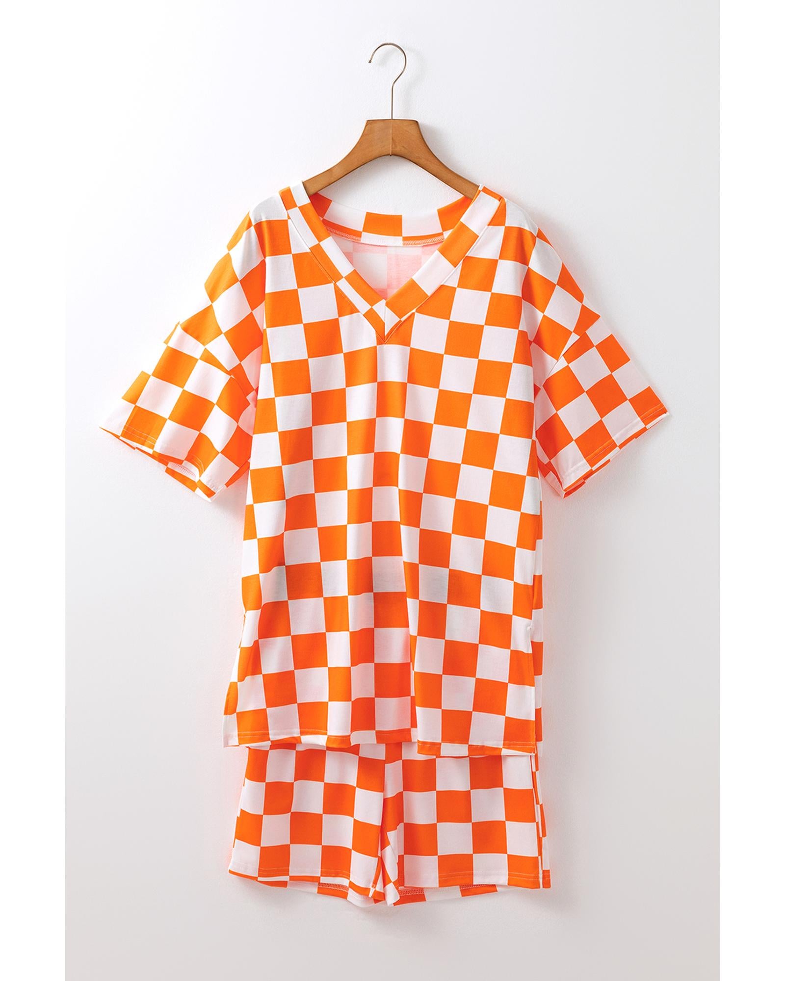 Orange Checkerboard Print V Neck Loose Tee and Shorts Lounge Set - L 7
