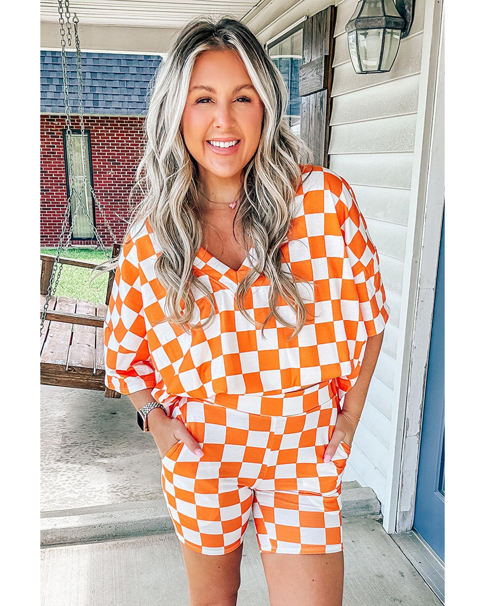 Orange Checkerboard Print V Neck Loose Tee and Shorts Lounge Set - L 8