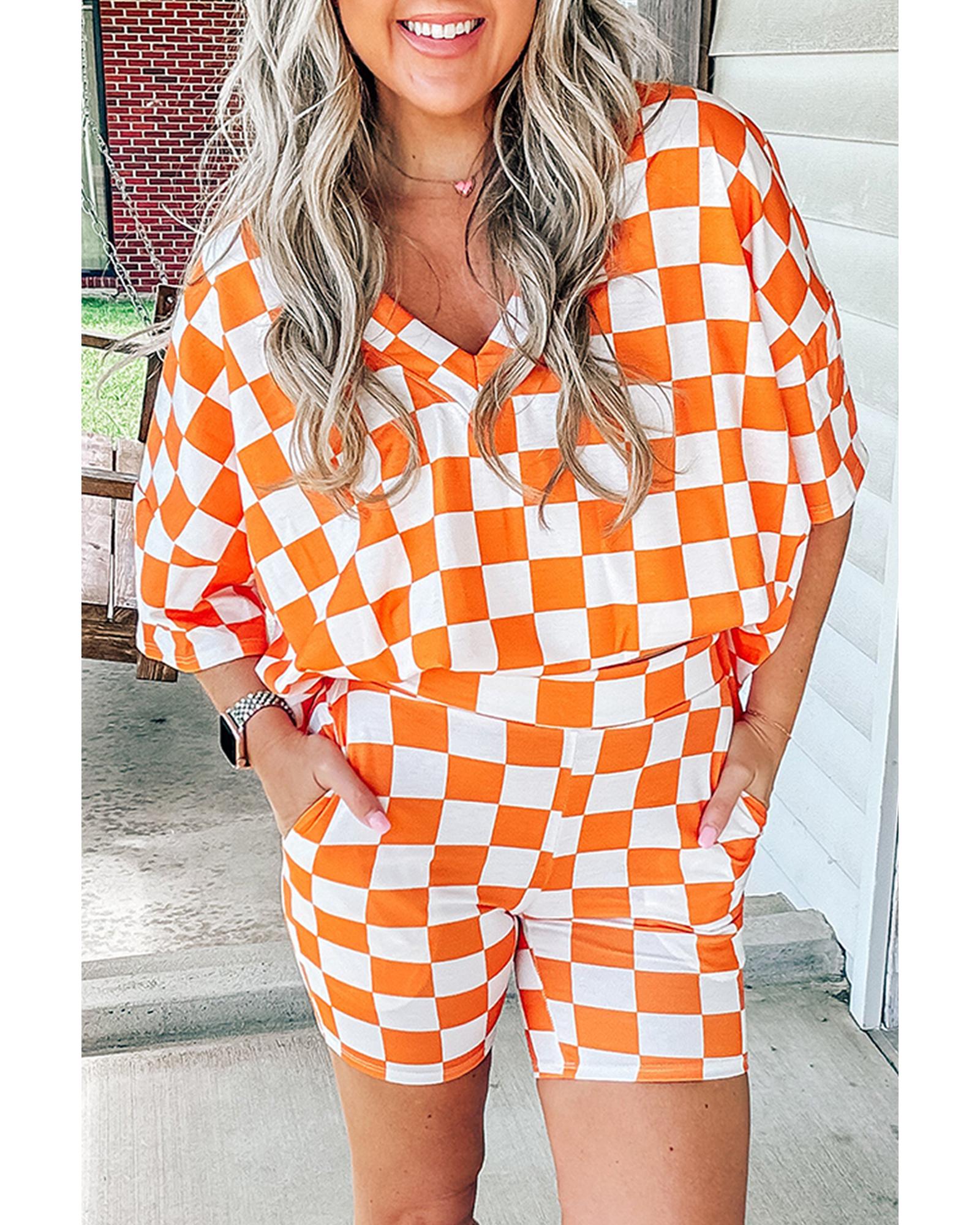 Orange Checkerboard Print V Neck Loose Tee and Shorts Lounge Set - M
