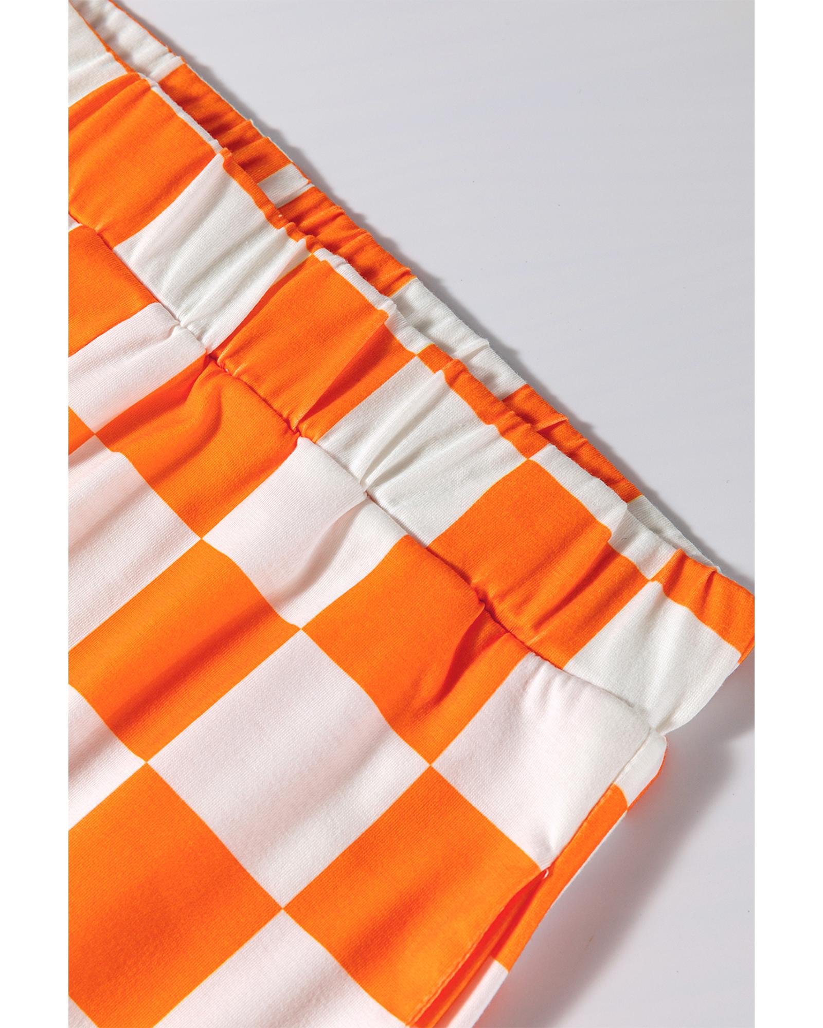 Orange Checkerboard Print V Neck Loose Tee and Shorts Lounge Set - M 3