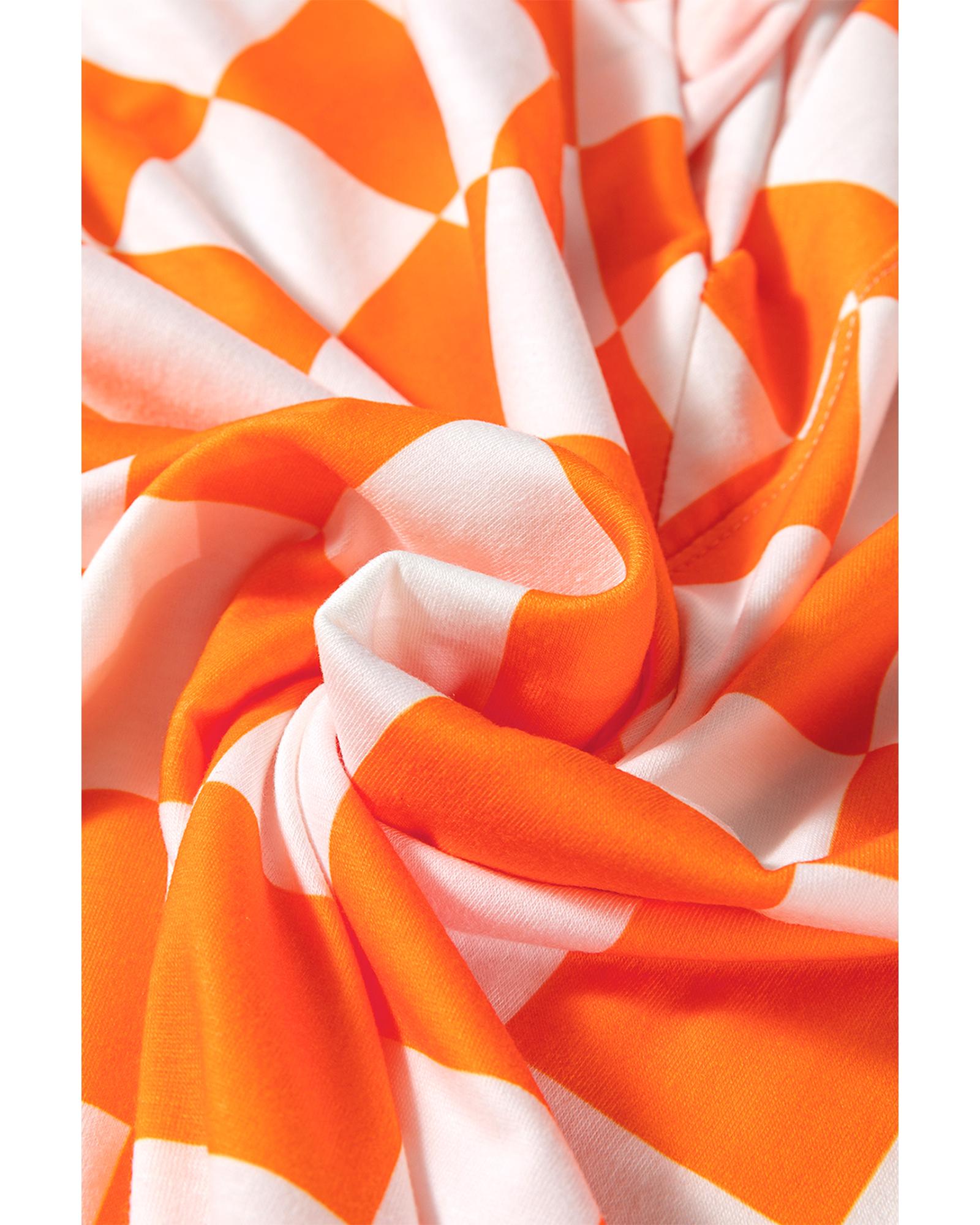 Orange Checkerboard Print V Neck Loose Tee and Shorts Lounge Set - M 4