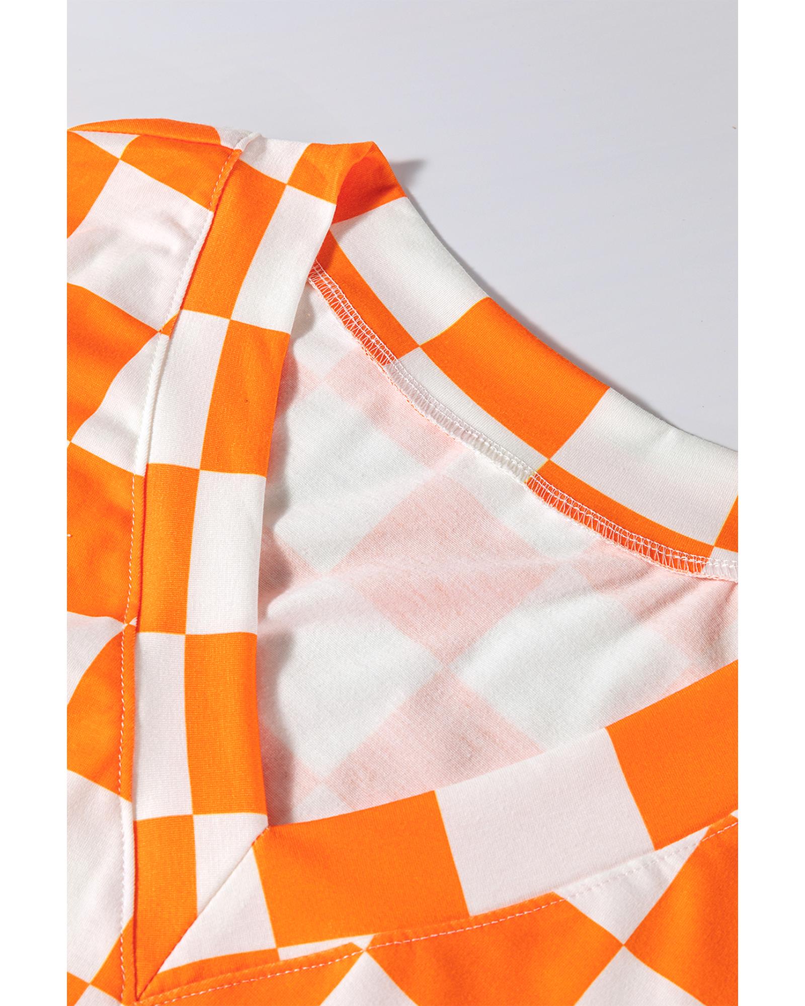 Orange Checkerboard Print V Neck Loose Tee and Shorts Lounge Set - M 5