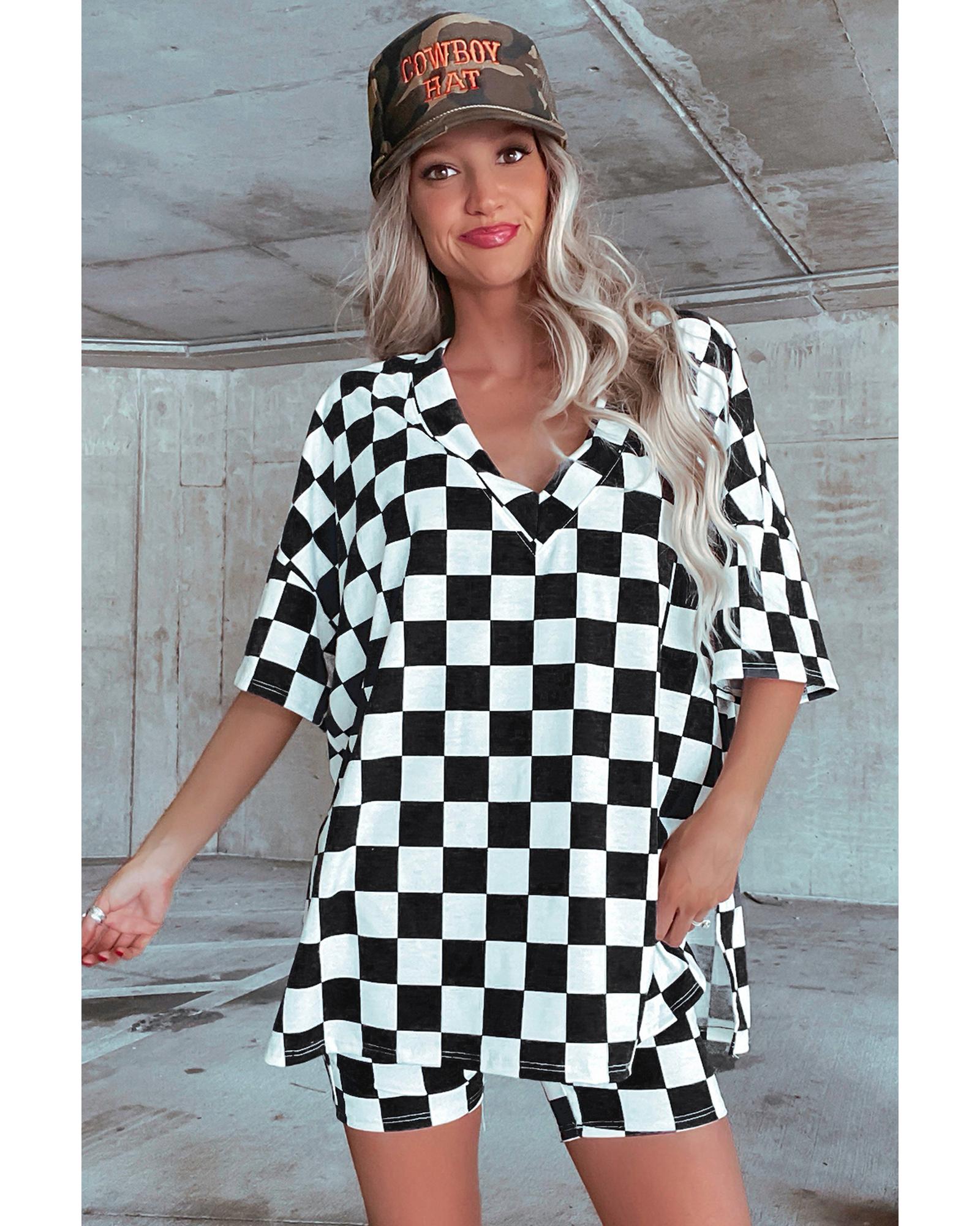 Black Checkerboard Print V Neck Loose Tee and Shorts Lounge Set - L 3