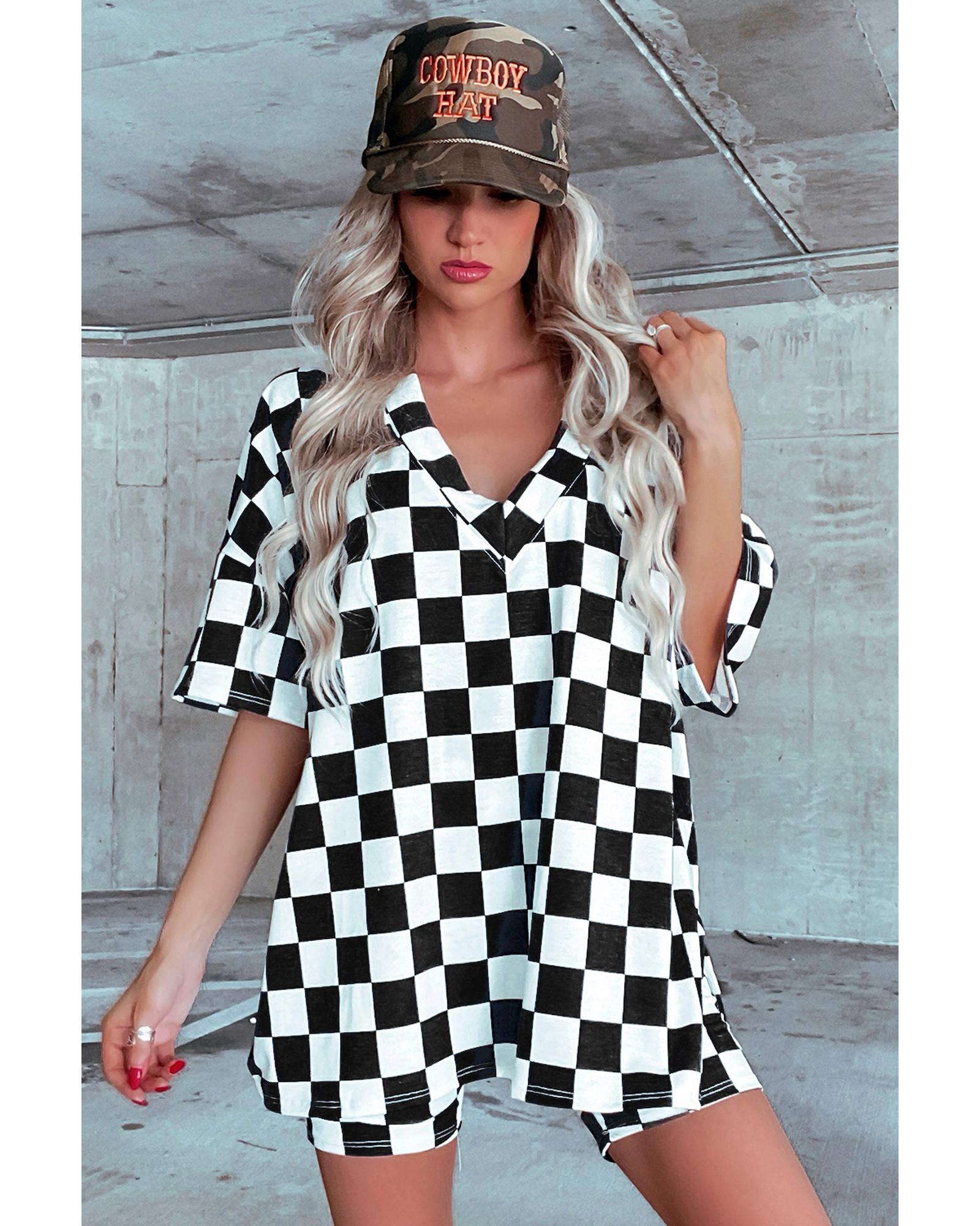 Black Checkerboard Print V Neck Loose Tee and Shorts Lounge Set - L 5