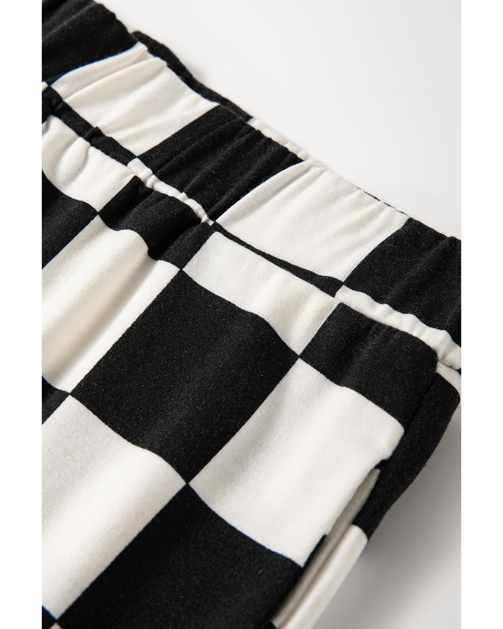 Black Checkerboard Print V Neck Loose Tee and Shorts Lounge Set - L 6