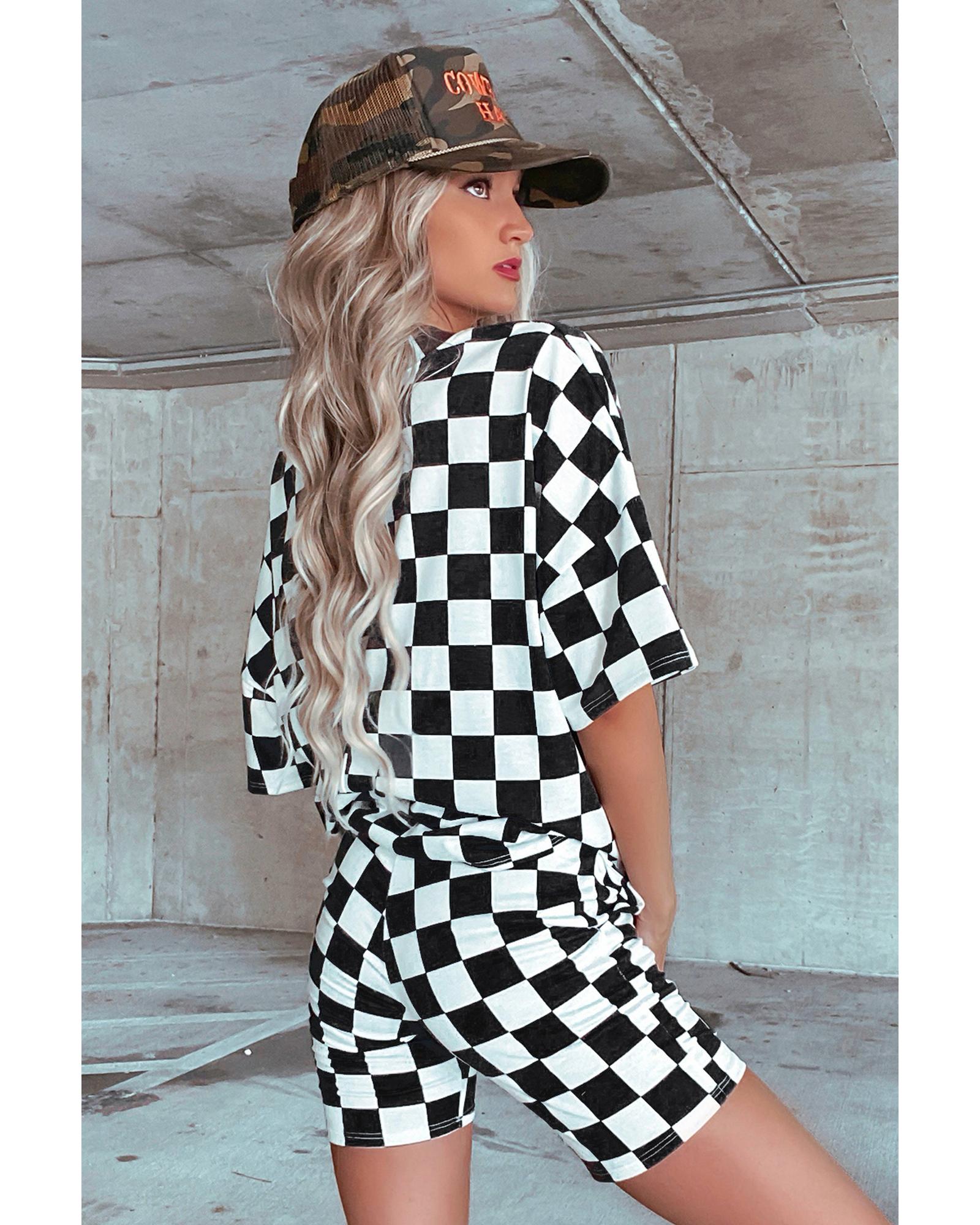 Black Checkerboard Print V Neck Loose Tee and Shorts Lounge Set - XL