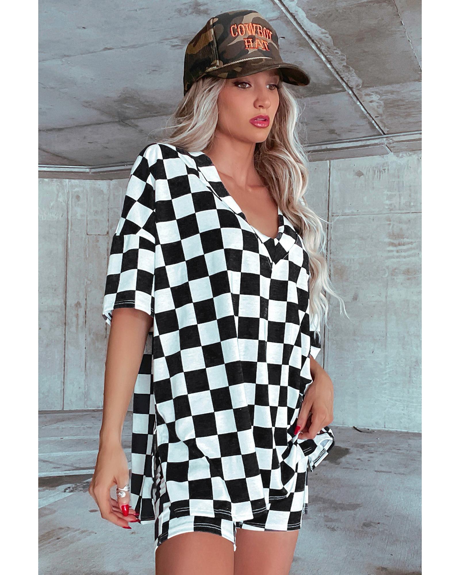 Black Checkerboard Print V Neck Loose Tee and Shorts Lounge Set - XL 4