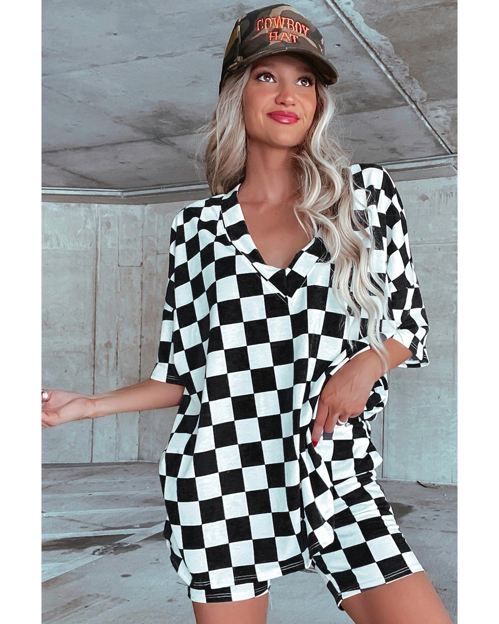 Black Checkerboard Print V Neck Loose Tee and Shorts Lounge Set - XL 8