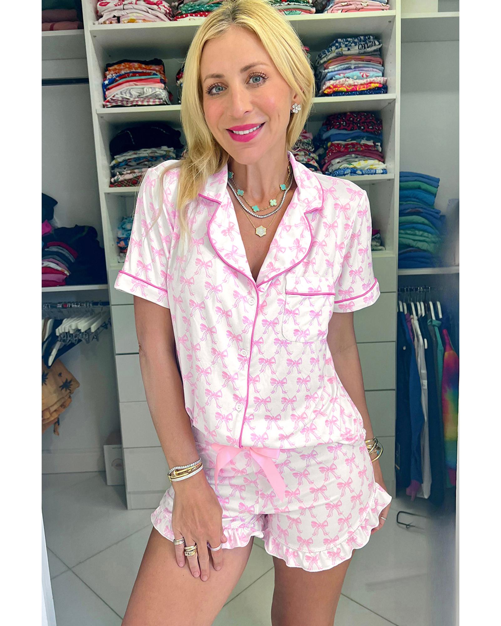 Pink Bowknot Printed Short Sleeve and Ruffled Shorts Valentines Pajama Set - L 3