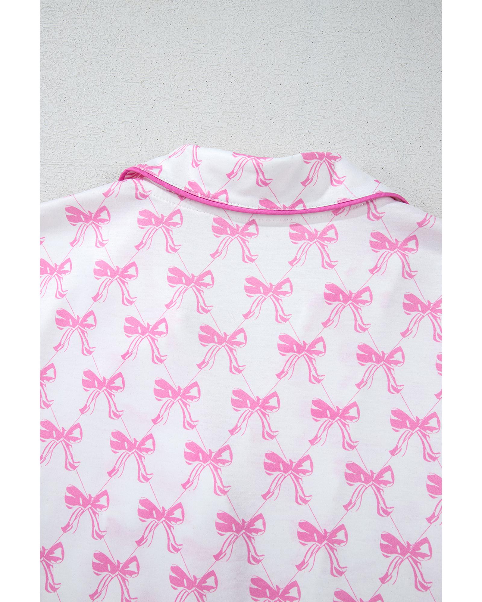 Pink Bowknot Printed Short Sleeve and Ruffled Shorts Valentines Pajama Set - L 6